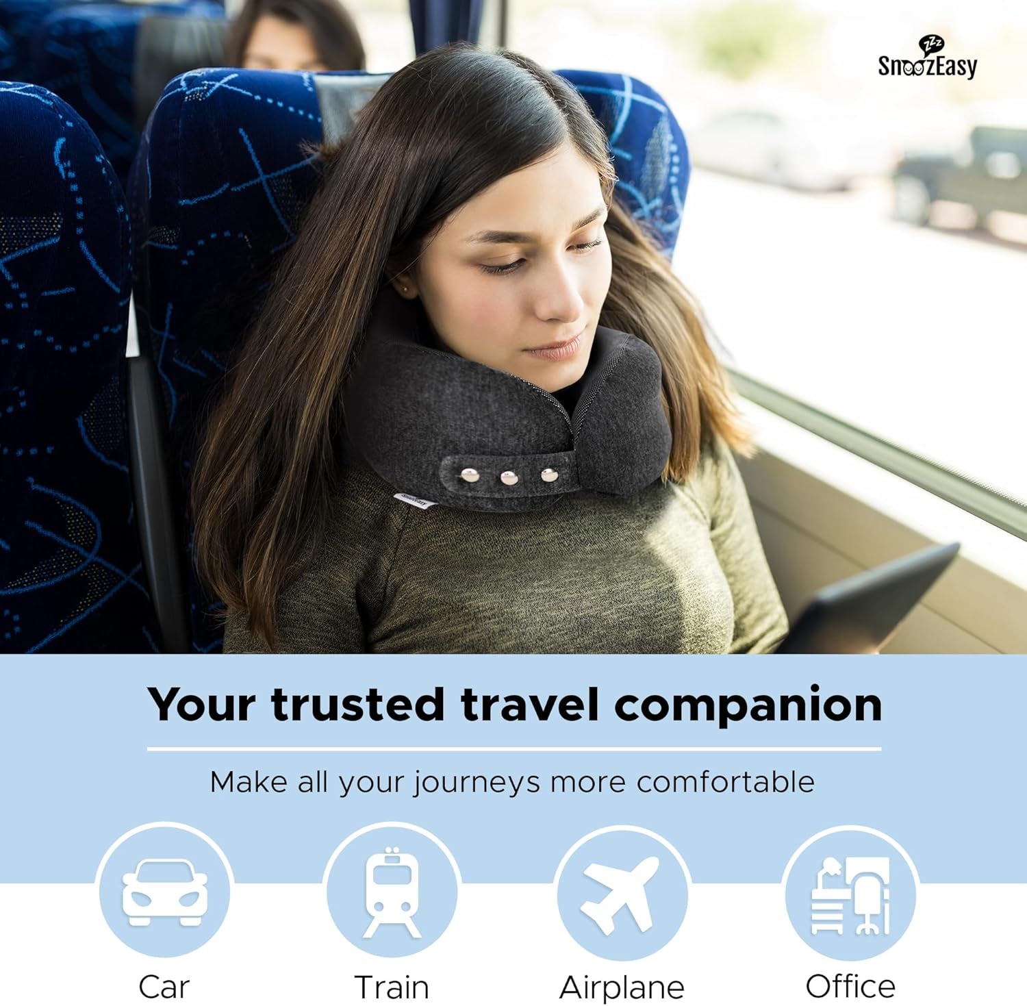 Travel Pillow for Adults | High-Density Memory Foam Neck Pillow for Airplane | Adjustable Flight Travel Cushion with Eye Mask, Ear Plugs, Carry Bag & Carabiner Clip | UK Brand