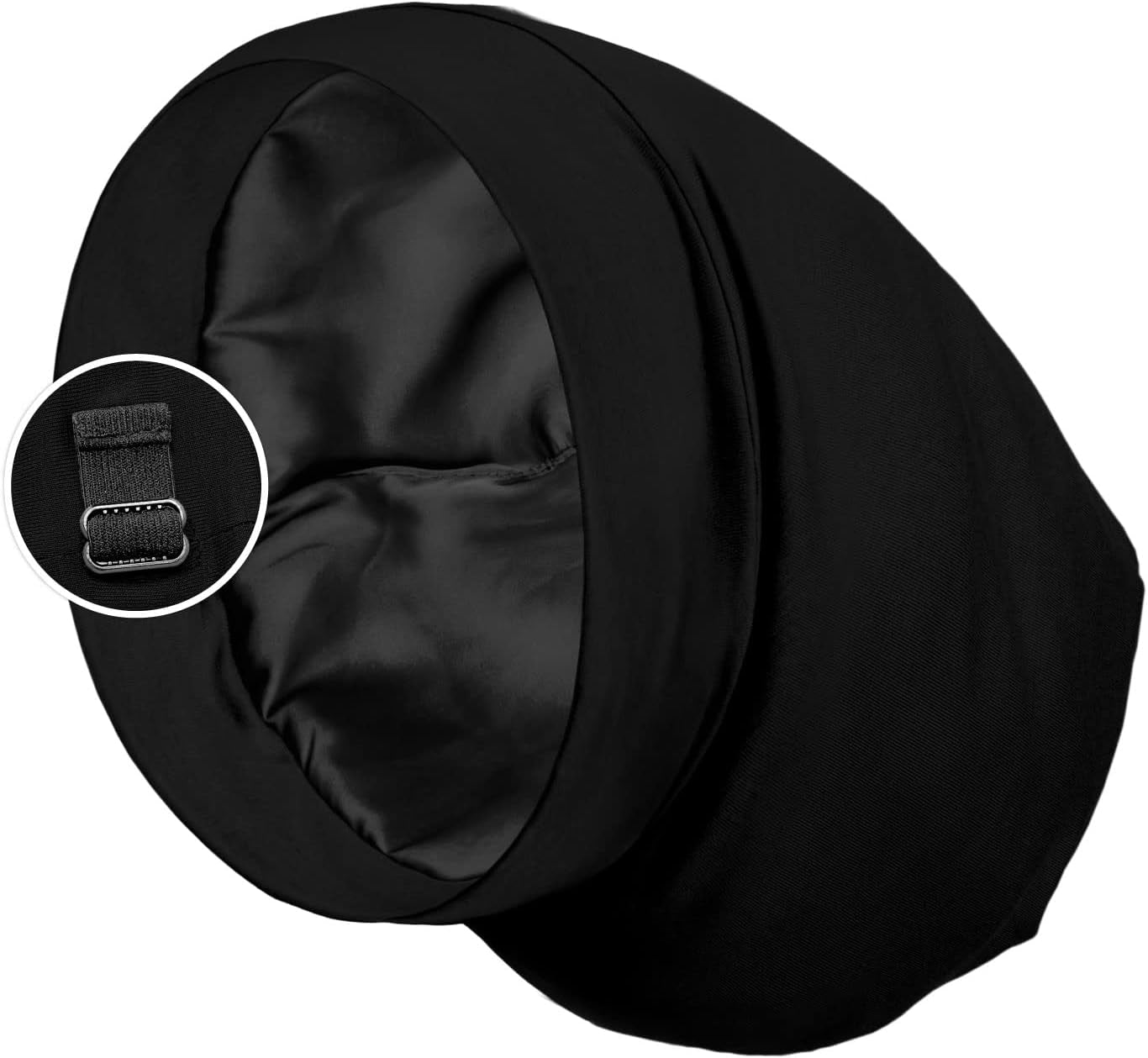 Satin Lined Sleep Cap Bonnet for Curly Hair and Braids, Stay on All Night Wrap with Adjustable Strap for Women and Men, Black, Pack of 1