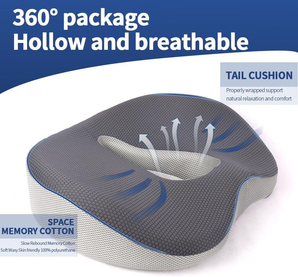 Memory Foam Seat Cushion for Office Chair, Home Chair, Car Seat, Airplane, Wheelchair, Pain Relief for Long Sitting, Non-Slip Bottom, Removable Cover