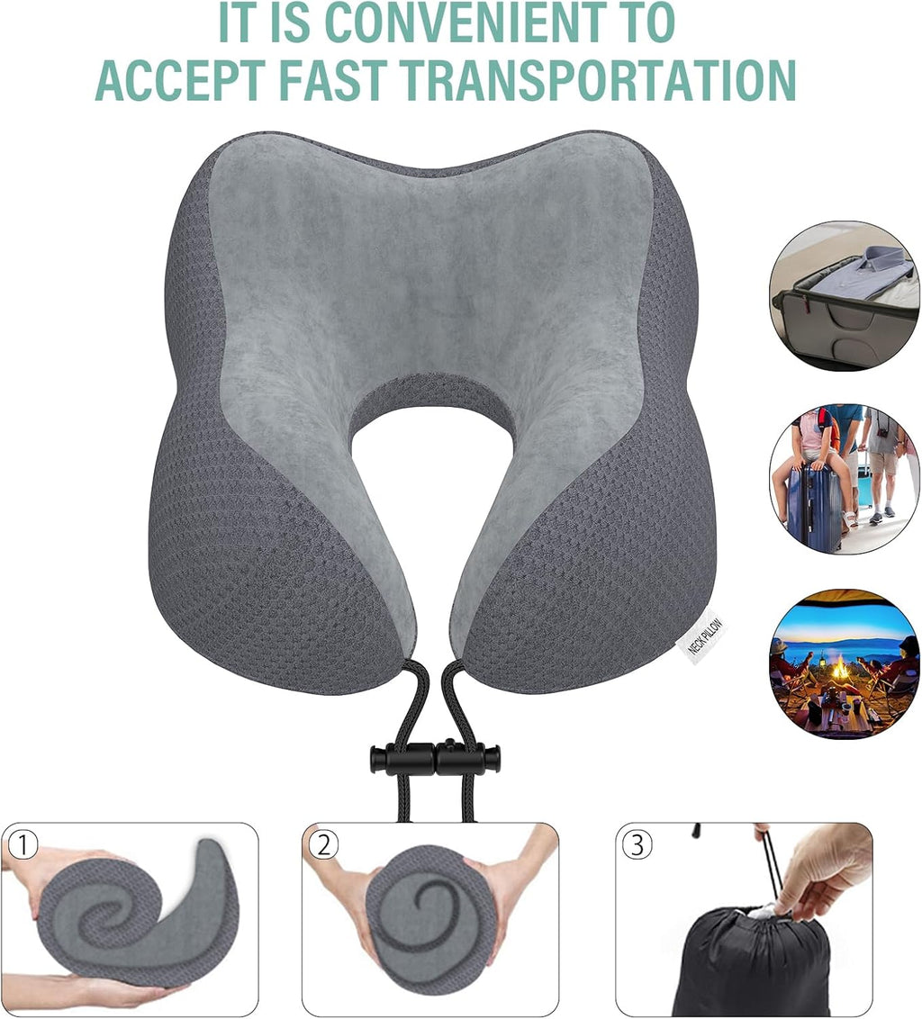 Travel Pillow Neck Pillow for Travel Airplane Memory Foam Flight Pillow for Cars, Trains, Home, Offices（Dark Grey）