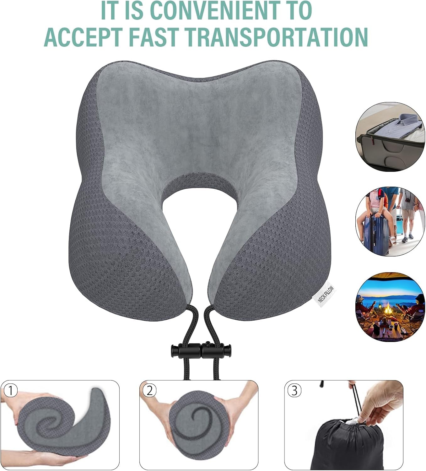 Travel Pillow Neck Pillow for Travel Airplane Memory Foam Flight Pillow for Cars, Trains, Home, Offices（Dark Grey）