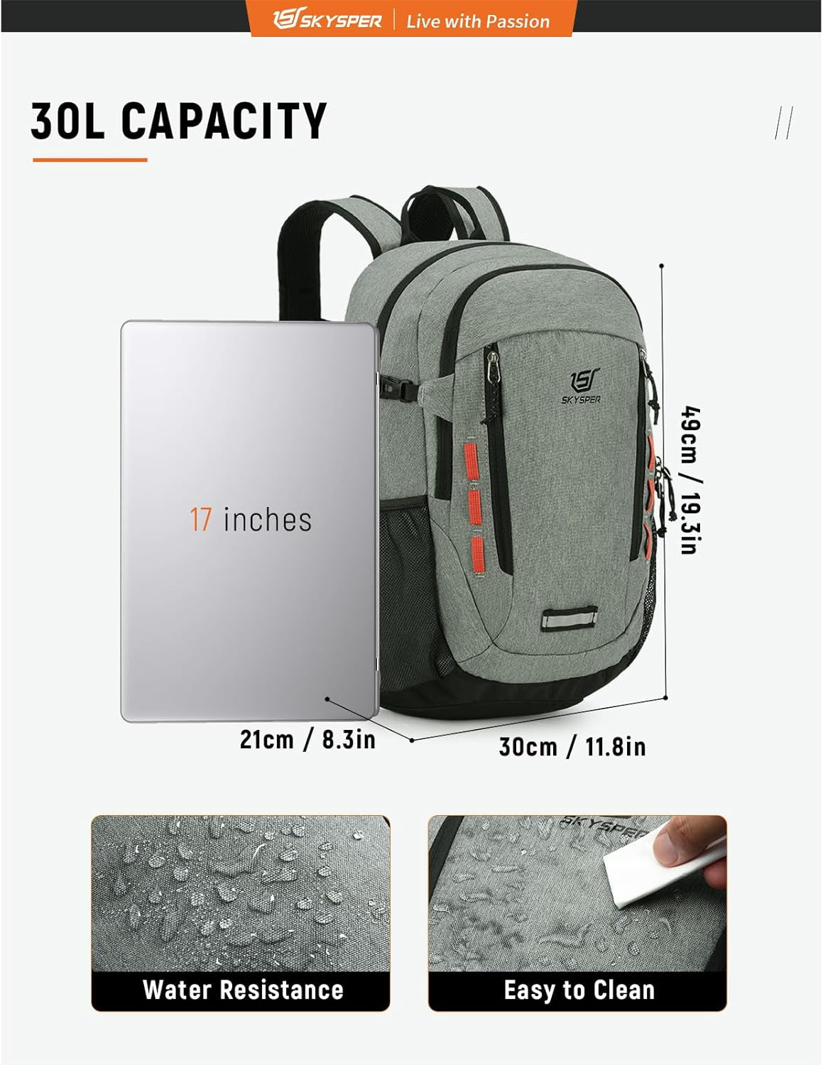 Hiking Backpack 30L Lightweight Travel Backpack Hiking Day Pack for Men Women(Grey)