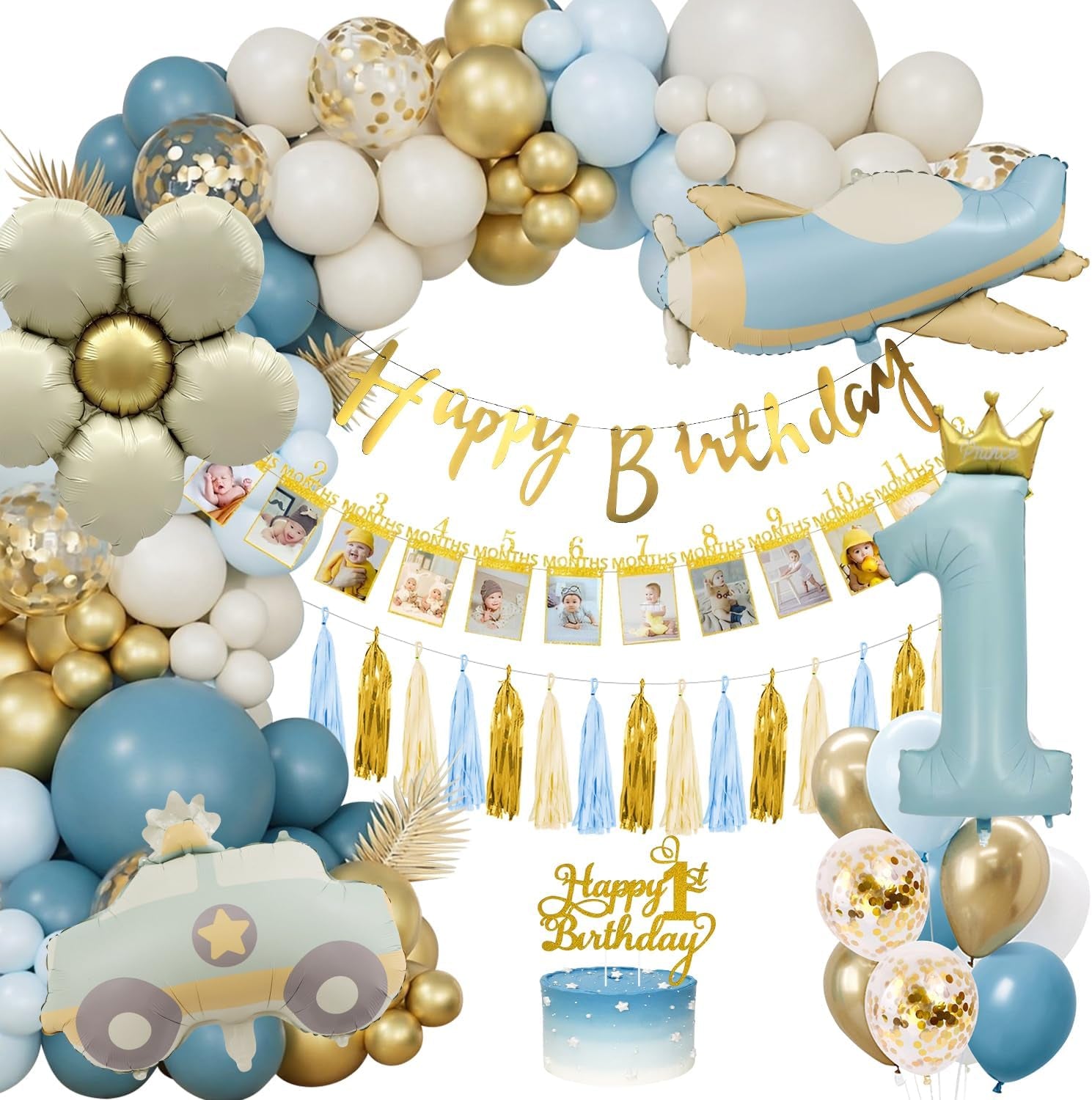 1St Birthday Decorations for Boys with Photo Banner, Blue and Gold Balloons, Number 1 Cake Topper, and Car Balloons
