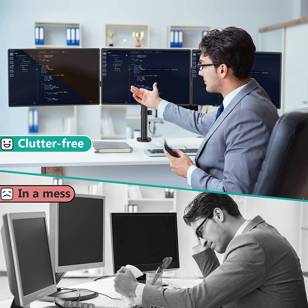 Triple Monitor Arm for Screen up to 27 Inch, Articulating Triple Monitor Stand, Fully Adjustable Horizontal 3 Monitors Stand with Tilt Swivel Rotate, VESA 75 & 100Mm, Black (M003S)