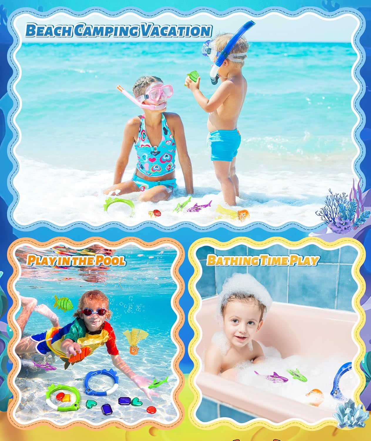 Diving Pool Swim Toys for Kids, Diving Swim Thru Rings for Toddlers Adults Pool Swim Games, Beach Pool Ball Diving Gems Octopus Pool Torpedo Shark Fish, Diving Hoops Toys Bulk Set with Mesh Bag