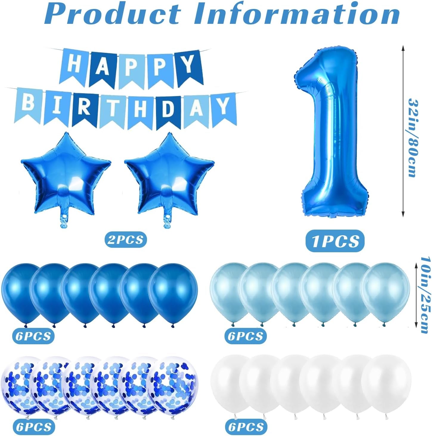 1St Birthday Decorations for Boys, Number 1 Balloon, Blue Silver 1St Party Decorations, Happy Birthday Bunting Banner, 32Inch Foil Number 1 Balloons Set for Birthday Party Anniversary Decorations