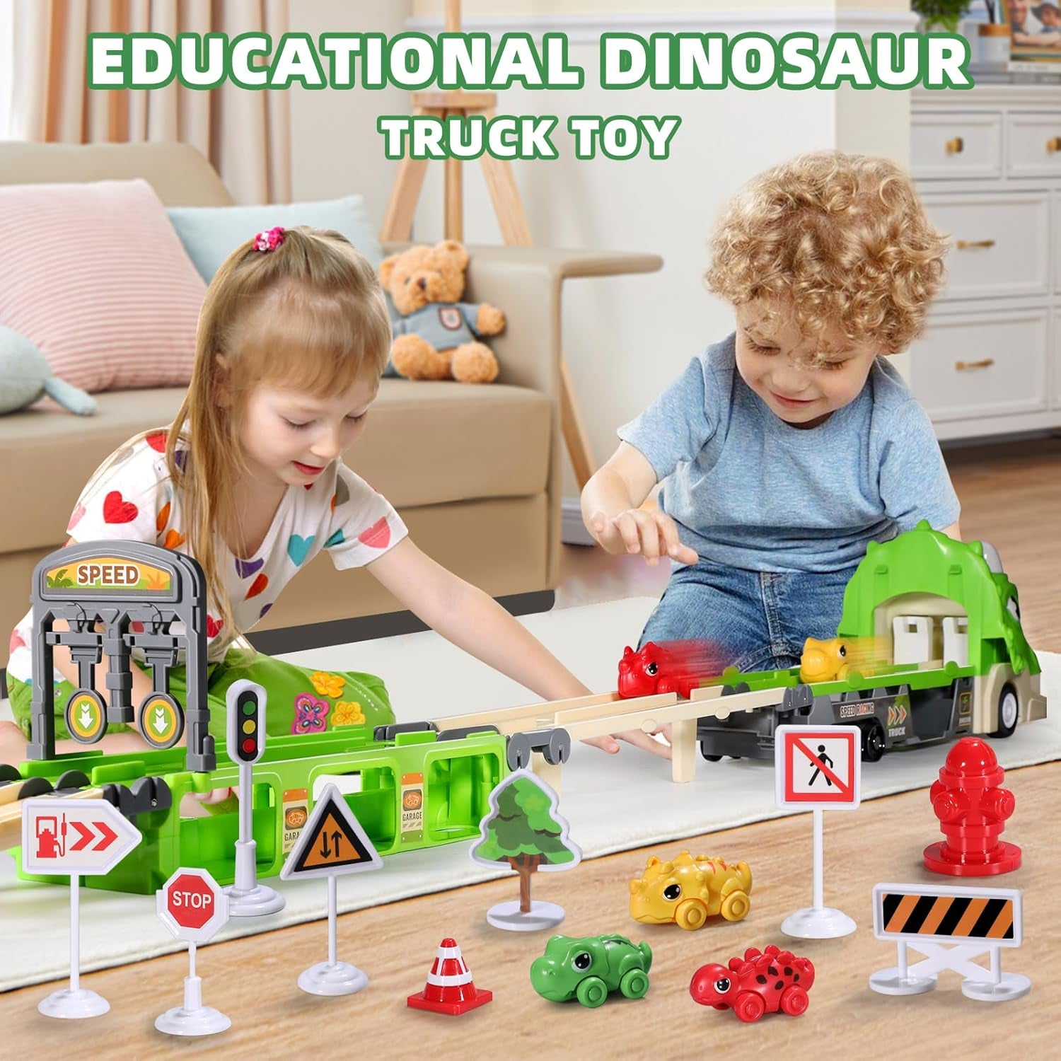 Green Dinosaur Toy Car-Foldable 117Cm Track with Launcher, Lights&Sounds, Safe ABS Plastic, Dual-Layer Storage,Includes 6 Mini Cars&12 Road Signs-Ideal Racing Playset for Kids Ages 3+