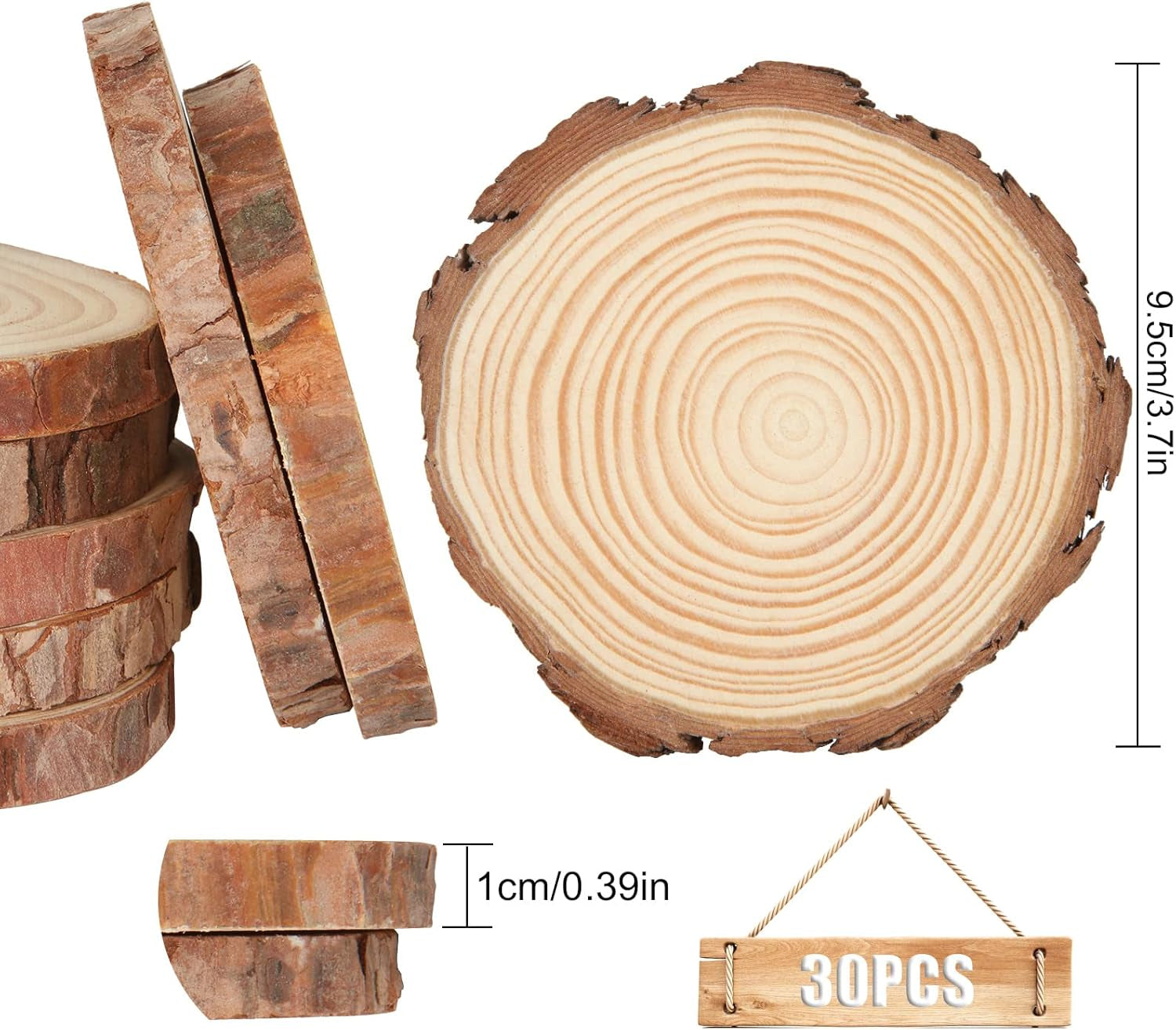 30 Pcs Natural Wood Slices, 9-10Cm Diameter Unfinished round Wood Slices Kit, No Hole Log Wooden Circles for Arts, Christmas or Wedding Ornaments and DIY Crafts