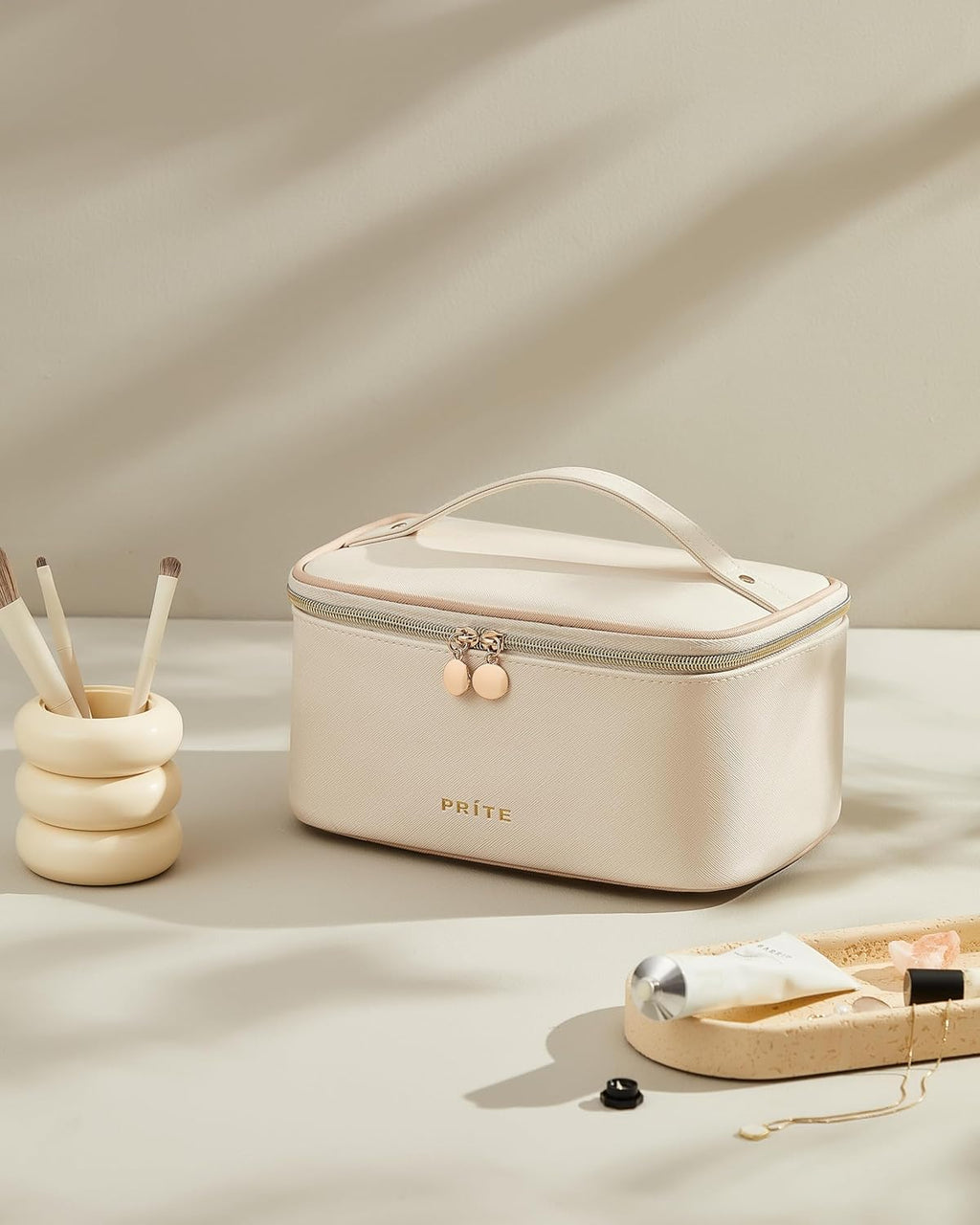 Large Makeup Bag for Women Travel Cosmetic Case Waterproof PU Leather Toiletry Bag Portable Make up Organiser with Handle and Removable Divider (Beige)