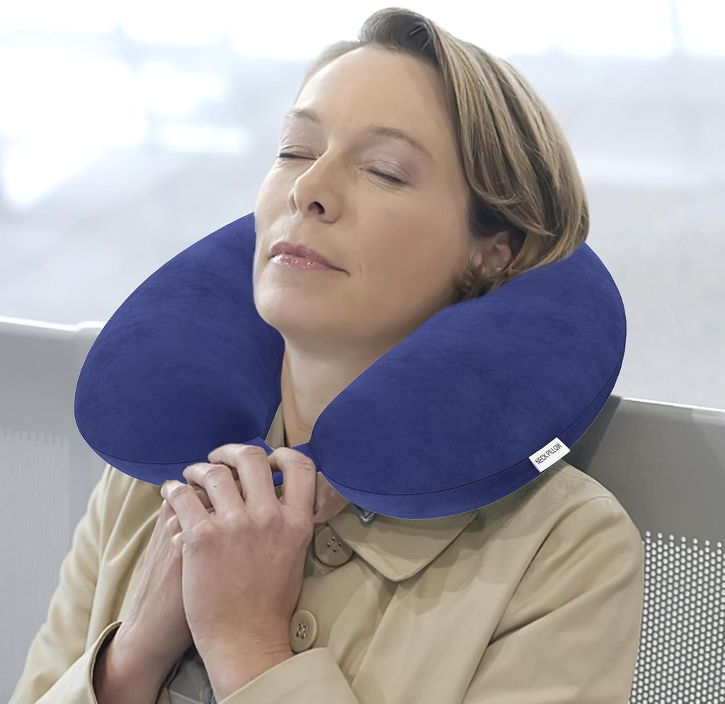 Travel Pillow Memory Foam Neck Pillow Lightweight Quick Pack for Airplane Train Car Travel Camping Neck Support Pillow (Navy Blue)