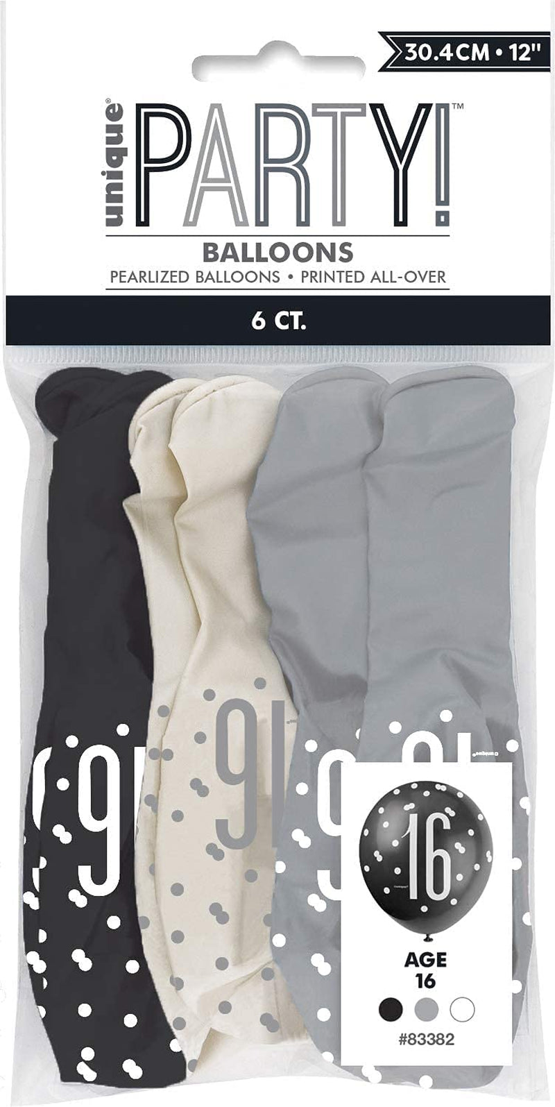 Deluxe 16Th Birthday Glitz Latex Balloons - Elegant Black, Silver & White Combo - Elegant Party Decor for Age 16 Celebrations - 6 Pcs