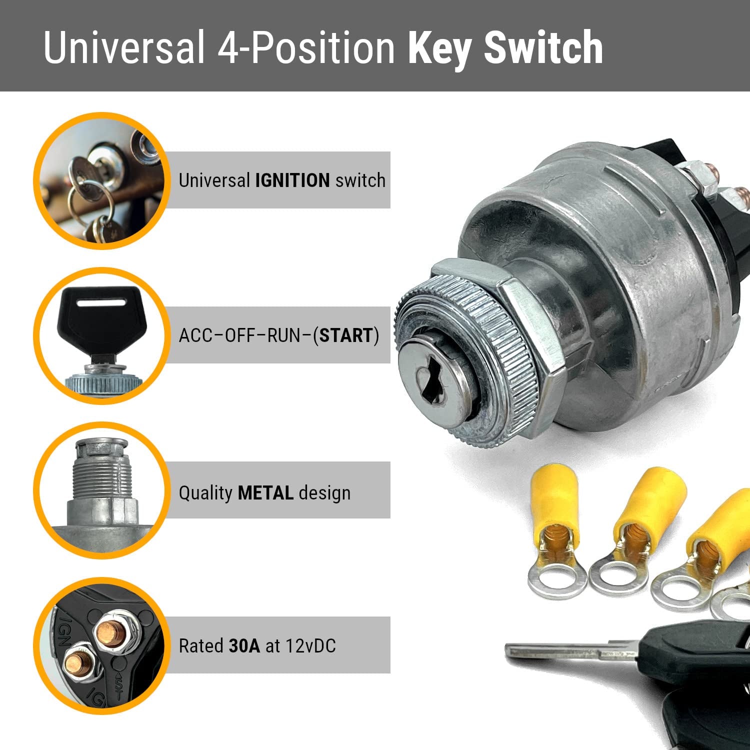 4-Position Universal Ignition Key Switch for 12V Car, Truck, Tractor, Trailer, Forklift - Acc/Off/Ign/(Start)