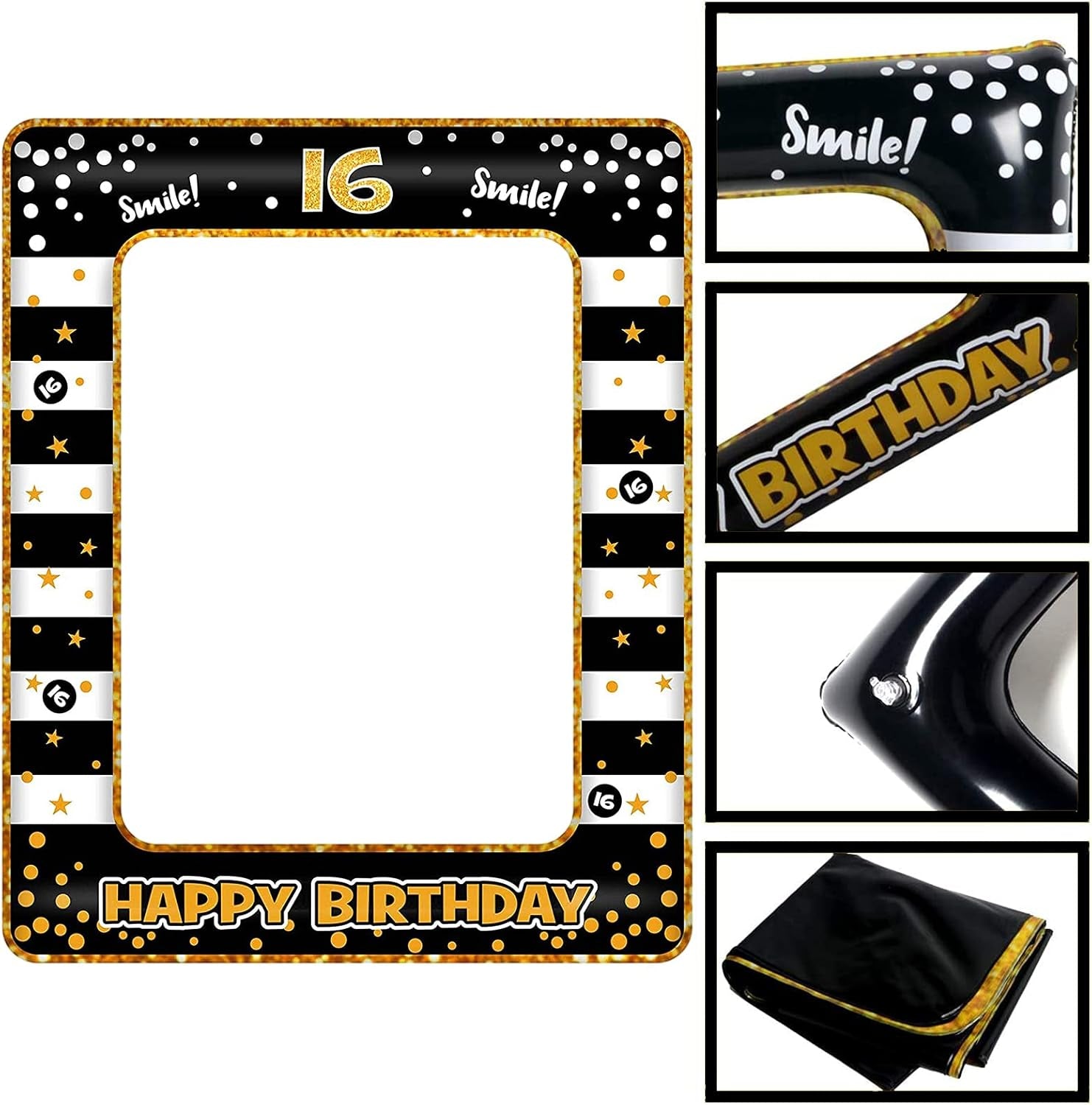 16Th Birthday Photo Booth Props,Black Gold Inflatable Selfie Frame Picture Frame,Giant Inflatable Party Photo Booth Frame for Girls Boys 16Th Birthday Party Decorations Supplies,Girls Boys Favor Gift