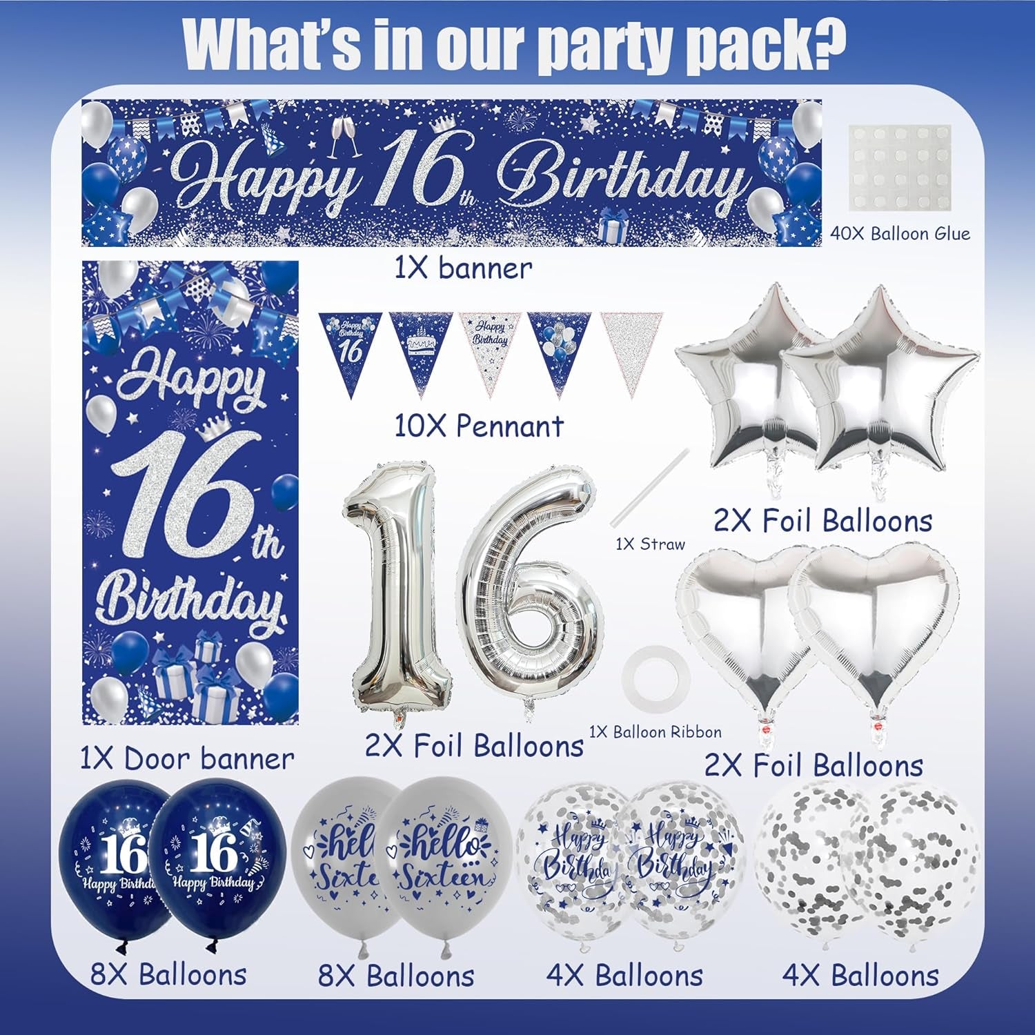 16Th Birthday Decorations for Boys Girls - Happy Birthday Yard Banner Number 16 Foil Balloons Bunting Latex Balloon Door Backdrop, Blue Silver Anniversary Decoration for 16 Years Old Party Supplies