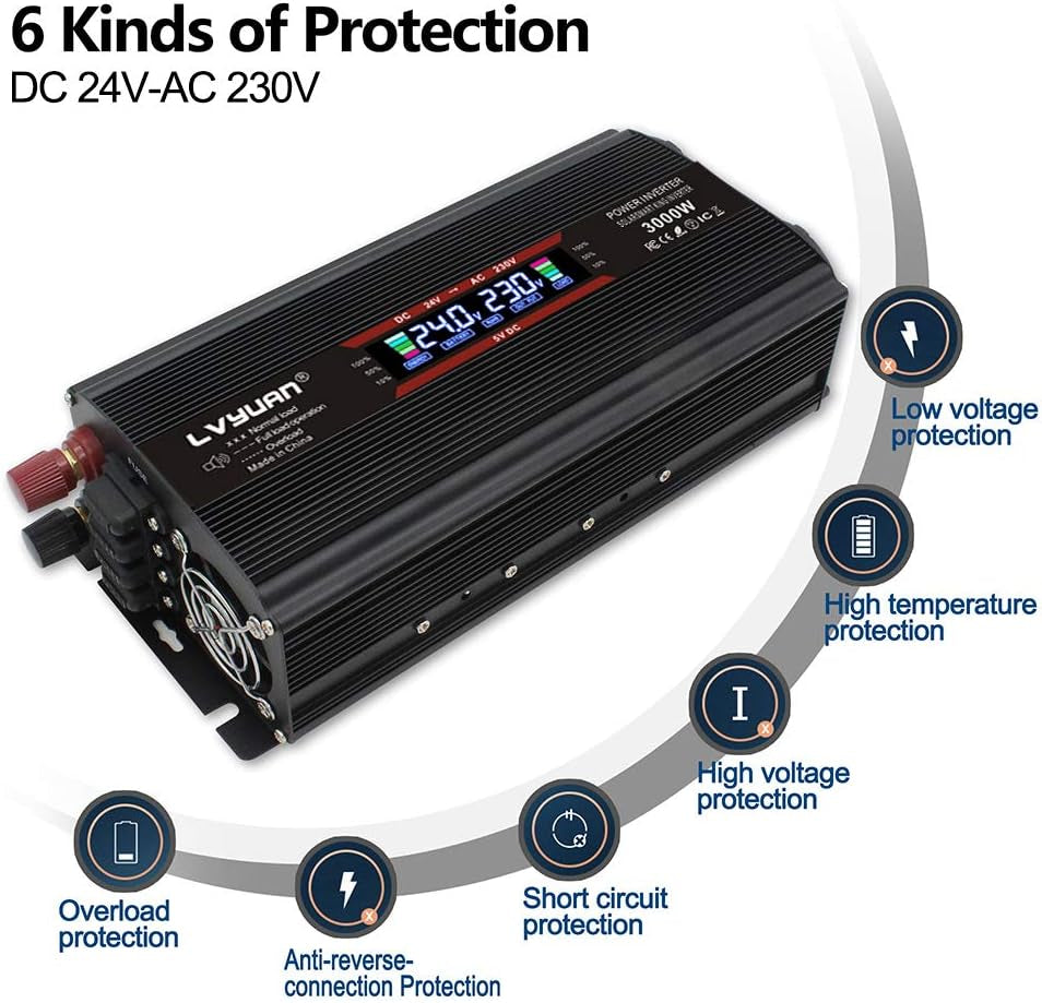 24V 1500W Modified Sine Wave Power Inverter, 24V to AC 230V 240V Voltage Converter with LCD +2UK Socket & Dual USB