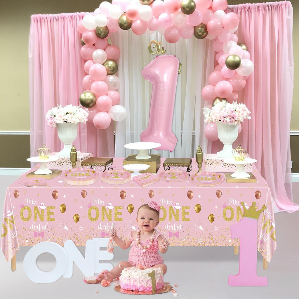 Miss Onederful Birthday Decorations - Pink Gold Plates, Napkins, Tablecloth, First Tableware for Baby Shower 1St Girls Decorations, Serve 20 Guests, JY-26