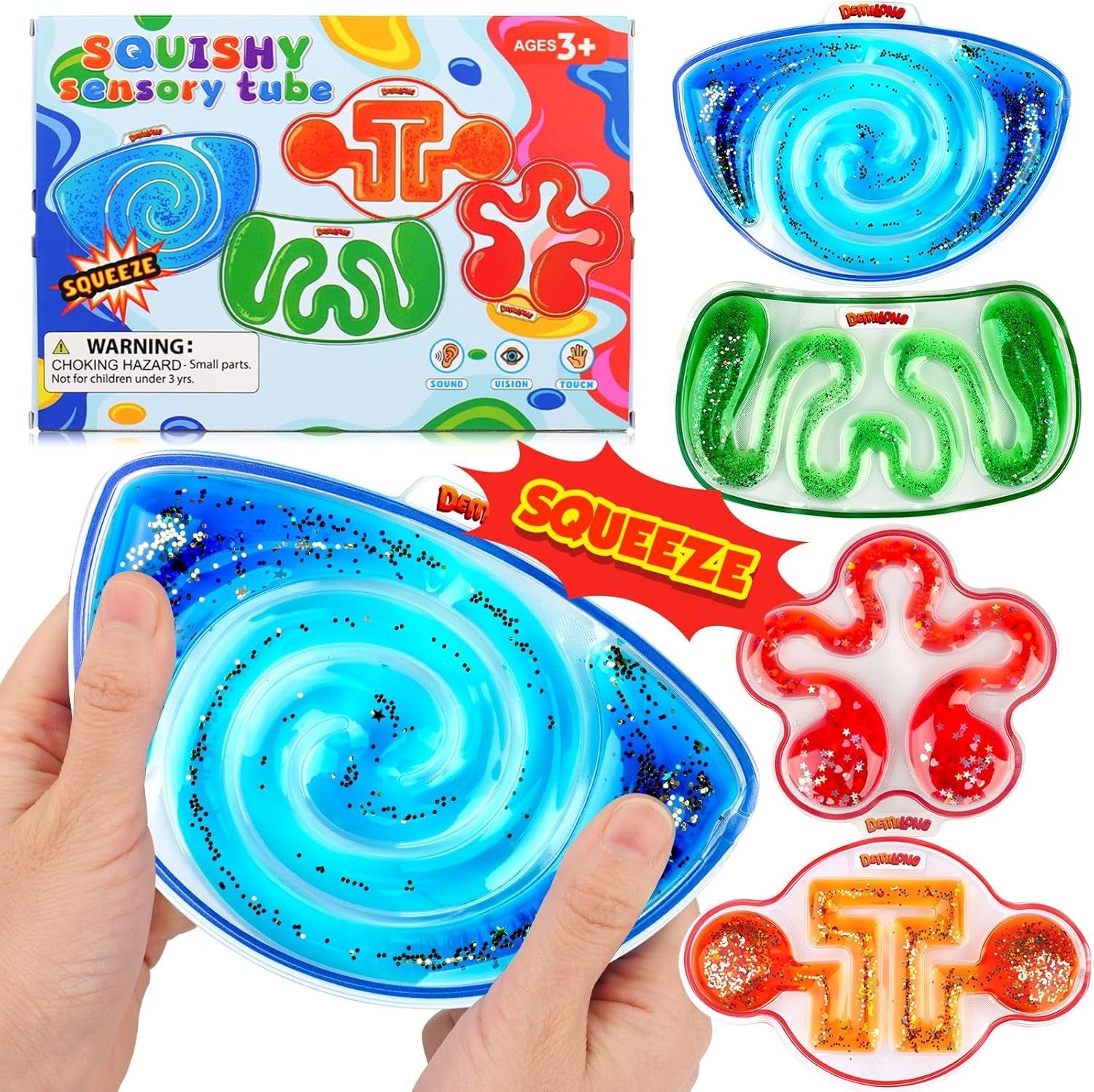 Squishy Sensory Toys for Kids - 4 Pack Fidget Toy Sensory Maze for Autism - Stress Anxiety Relief Toys for Calm down - Squeeze Fidget Toy Filled Goo, Glitter, Prizes for Kids Classroom