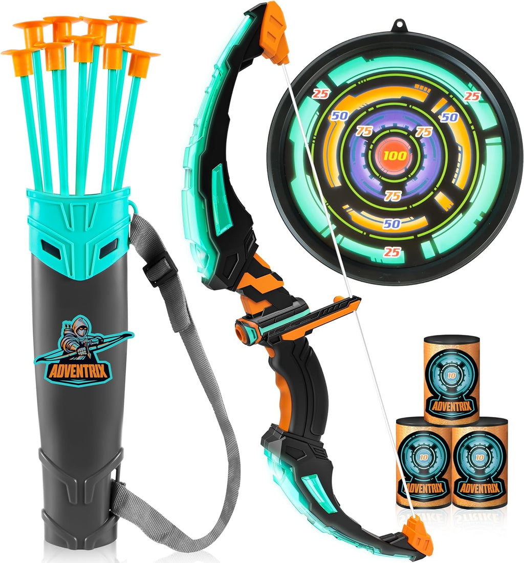 Kids Bow and Arrow Set, LED Light up Archery Toy Set with 9 Suction Cup Arrows, Target & Arrow Case, Indoor and Outdoor Hunting Play Gift Toys for Kids, Boys & Girls Ages 6-12