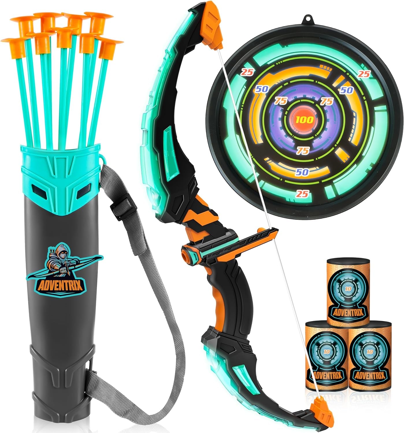 Kids Bow and Arrow Set, LED Light up Archery Toy Set with 9 Suction Cup Arrows, Target & Arrow Case, Indoor and Outdoor Hunting Play Gift Toys for Kids, Boys & Girls Ages 6-12
