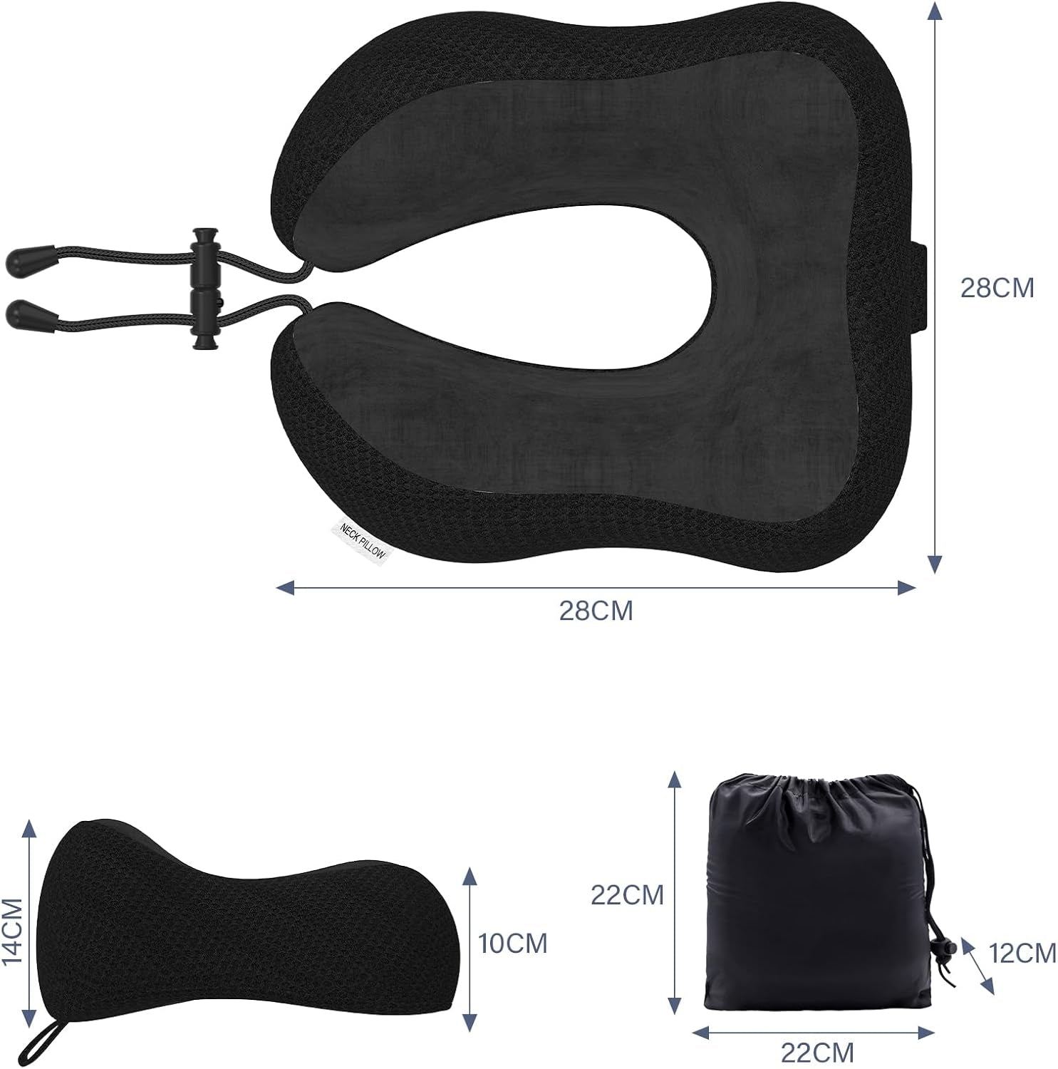 Travel Pillow Neck Pillow for Travel Airplane Memory Foam Flight Pillow for Cars, Trains, Home, Offices (Black)