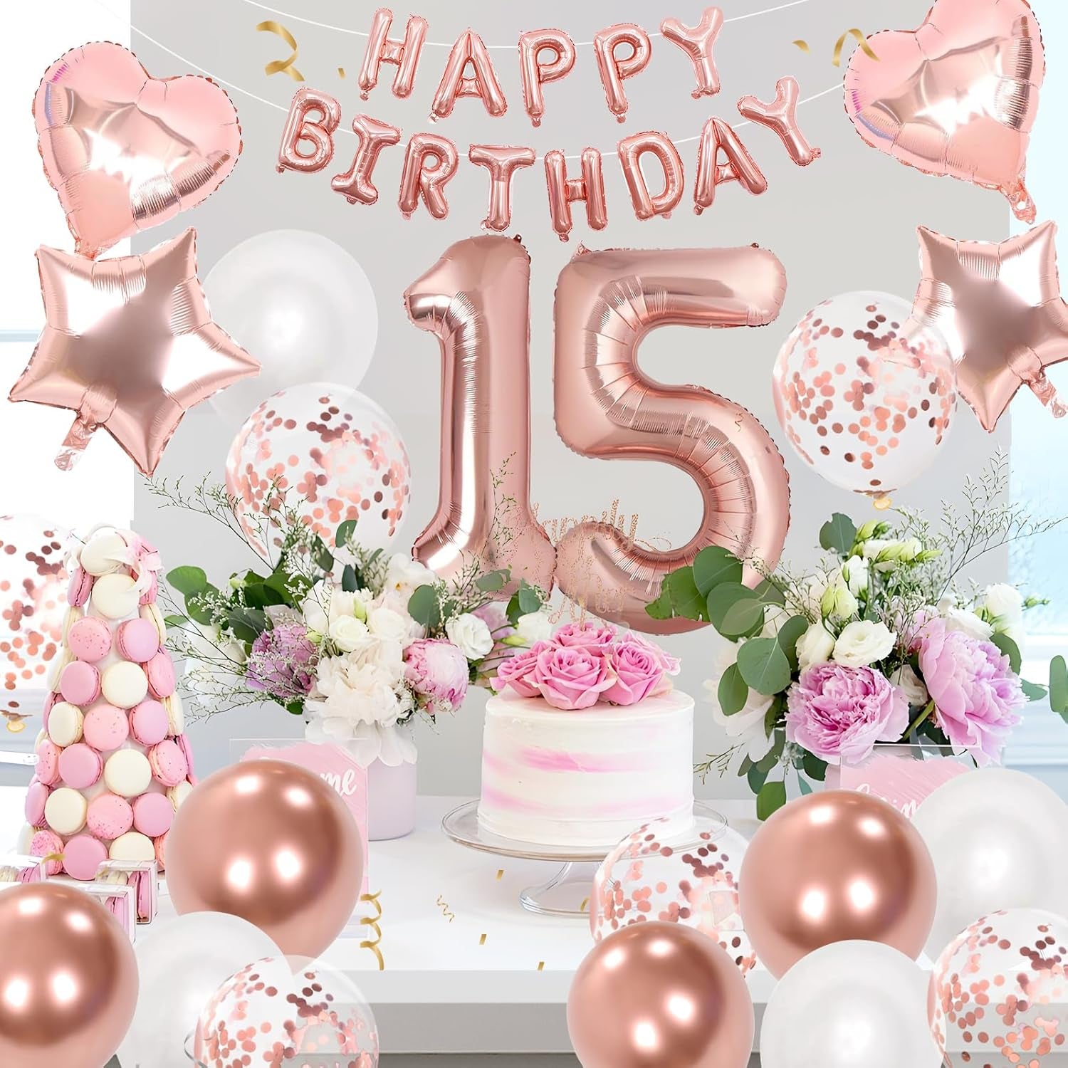 15Th Birthday Decorations for Girls, Rose Gold 15Th Birthday Decorations, Rose Gold 32 Inch Number 15 Foil Balloon with Banner, Star Confetti Balloon for 15 Party Deko