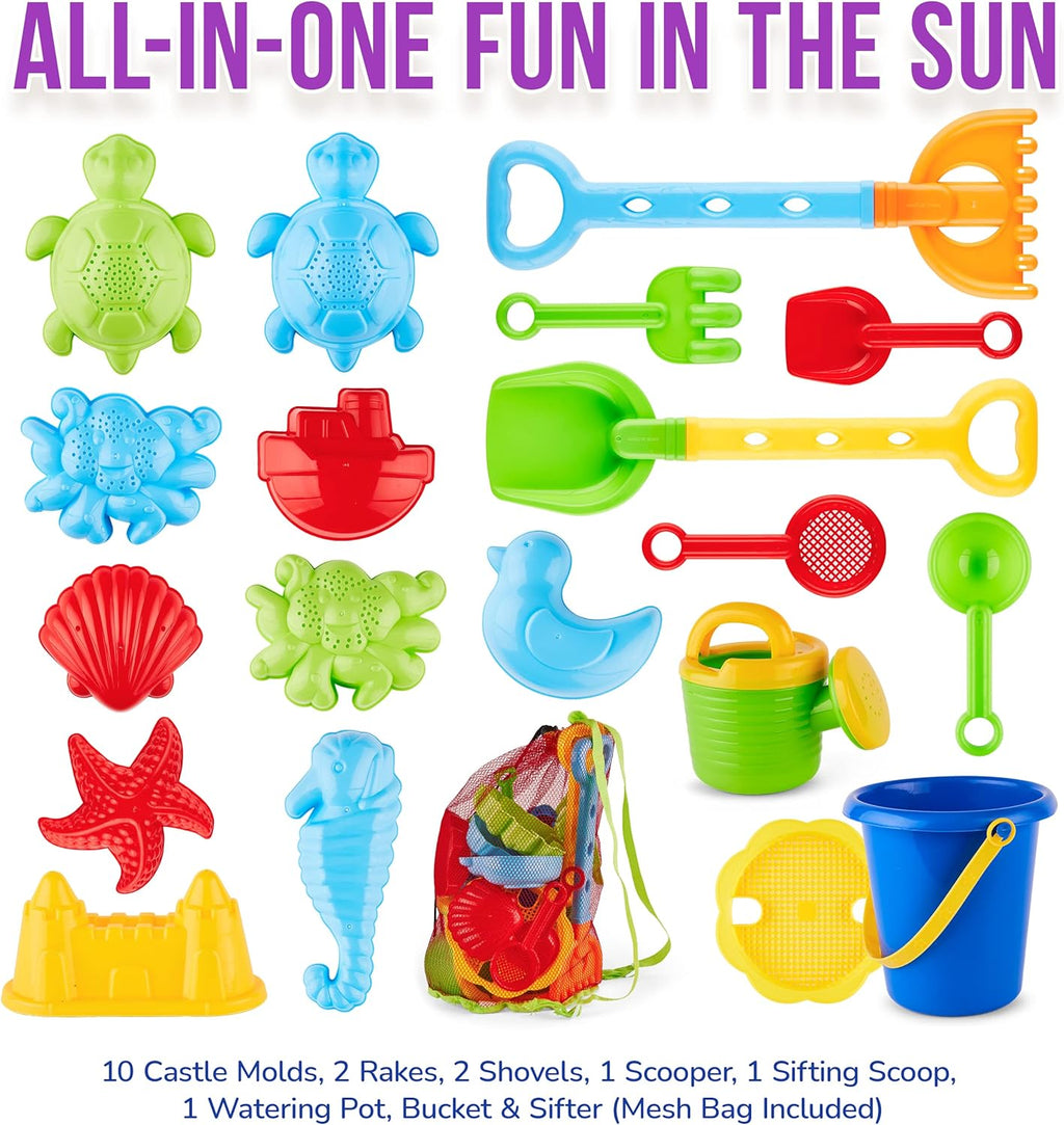 Beach Toys for Kids 3-10 - 18Pc Sand Toys Including Sand Buckets for Kids with Sifter, Watering Can, Rake, 4 Hand Tools, 10 Sand Molds & Mesh Beach Toy Bag - Sandbox Toys for Toddlers