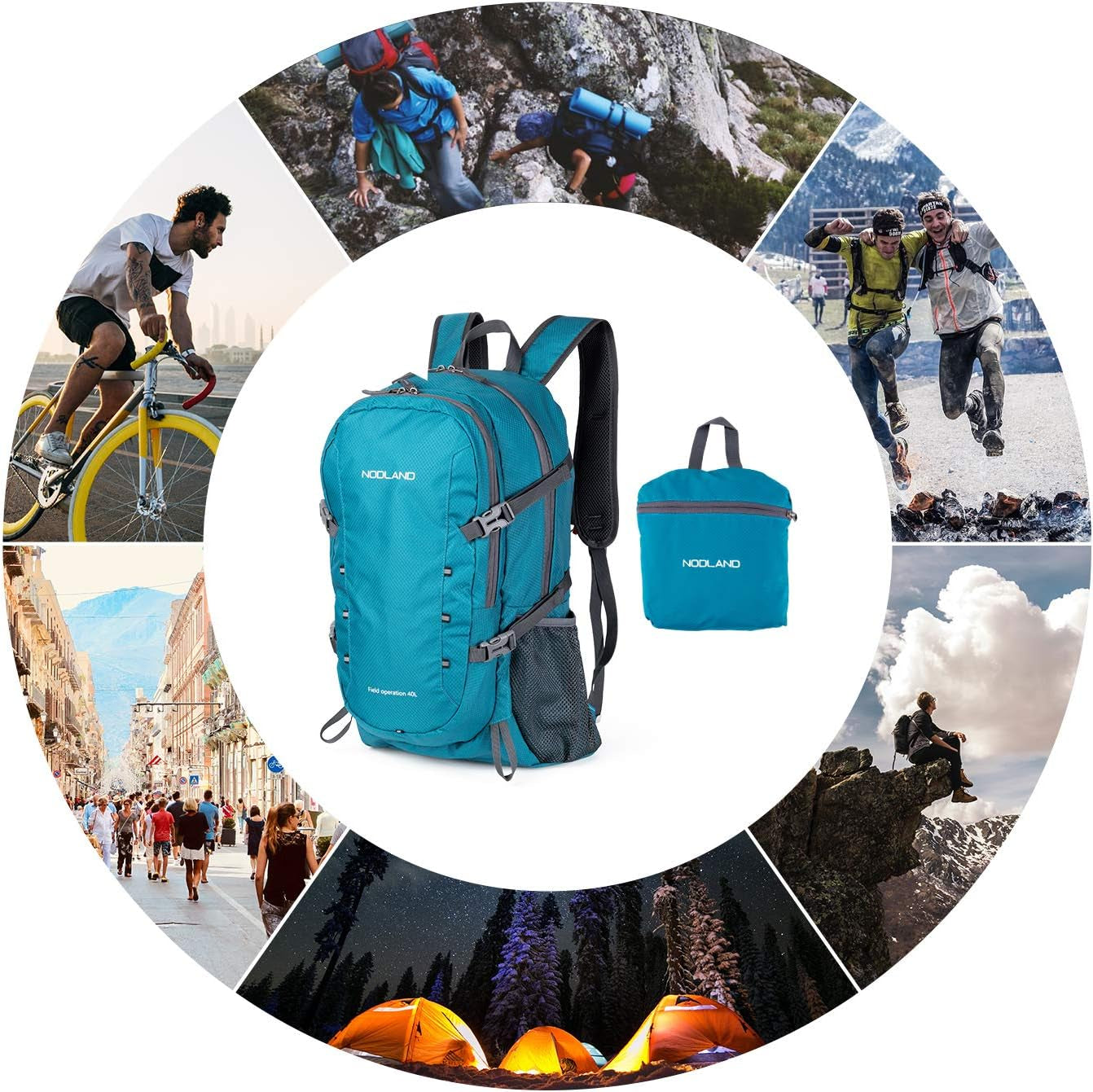 NODLAND Lightweight Backpack Travel 40L Foldable Water-Resistant Daypack, Hiking Outdoor Camping Rucksack for Men Women