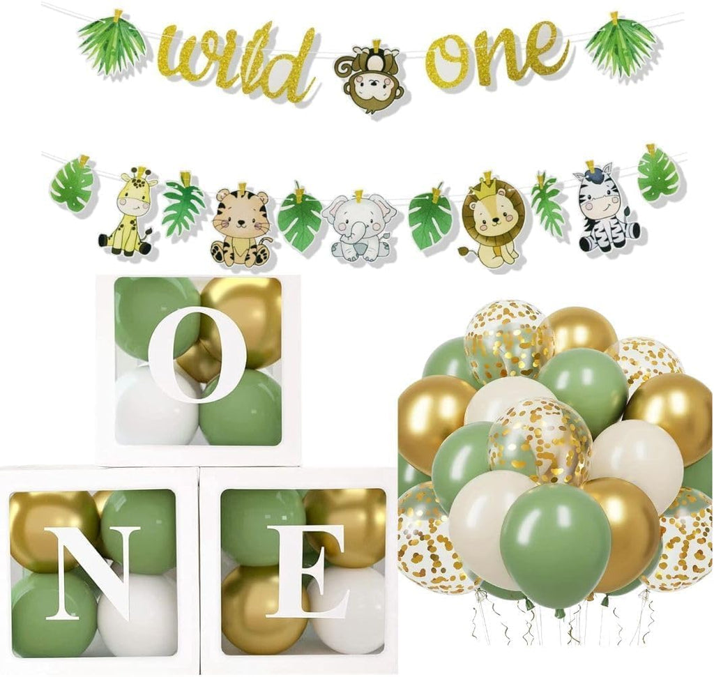 Wild One Birthday Decorations, 1St Birthday Decorations for Boys - Includes 'O N E' Boxes, Wild One Banner, 35 X Green & Gold Baloons - Jungle Safari Party Decorations