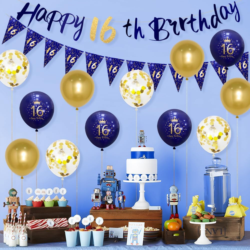 Navy Blue & Gold 16Th Birthday Party Decorations - Boys Happy Birthday Banner & Bunting Kit by