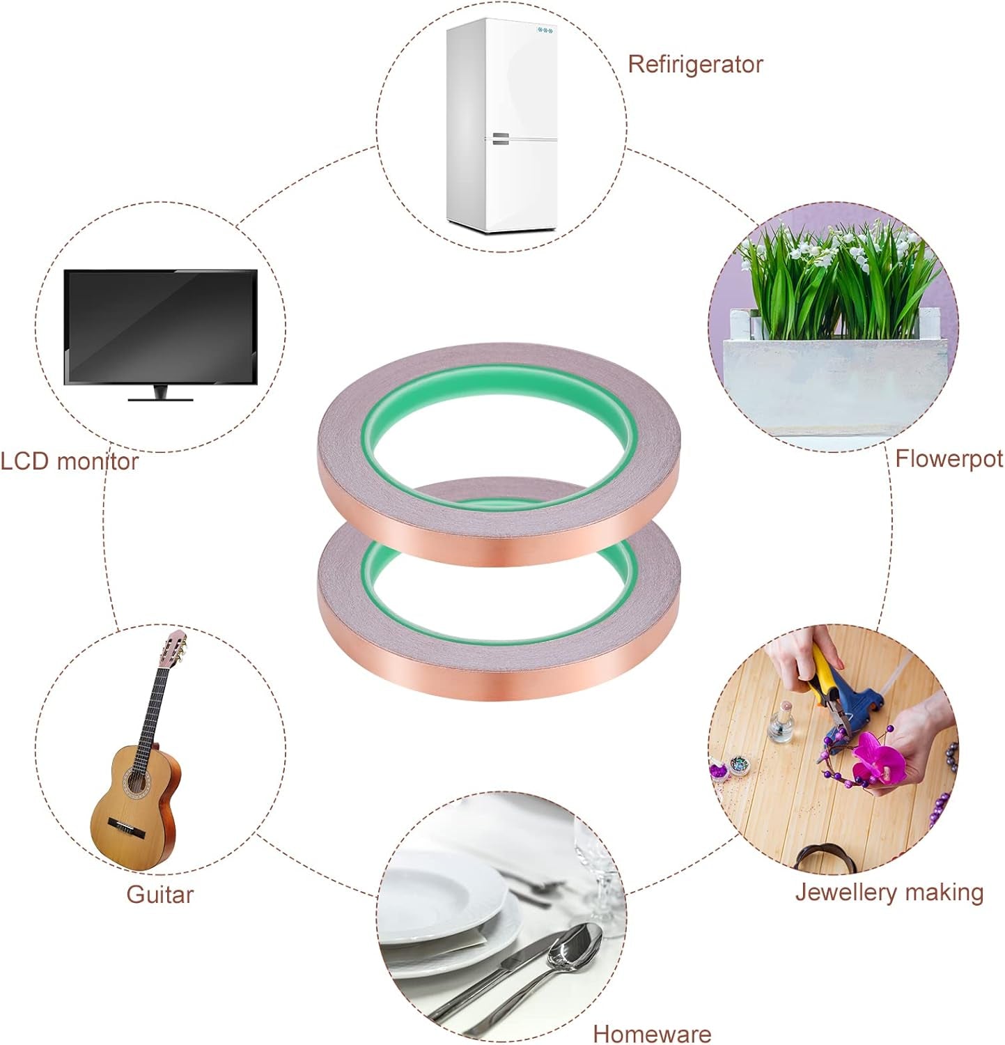 2 Rolls Copper Tape Slug Repellent Tape, 20M X 10Mm, Self Adhesive Dual Conductive Tape, Copper Foil Tape for Shielding & Guitar Repairs,Soldering,Electrical Repair,Stained Glass,Diy Crafts