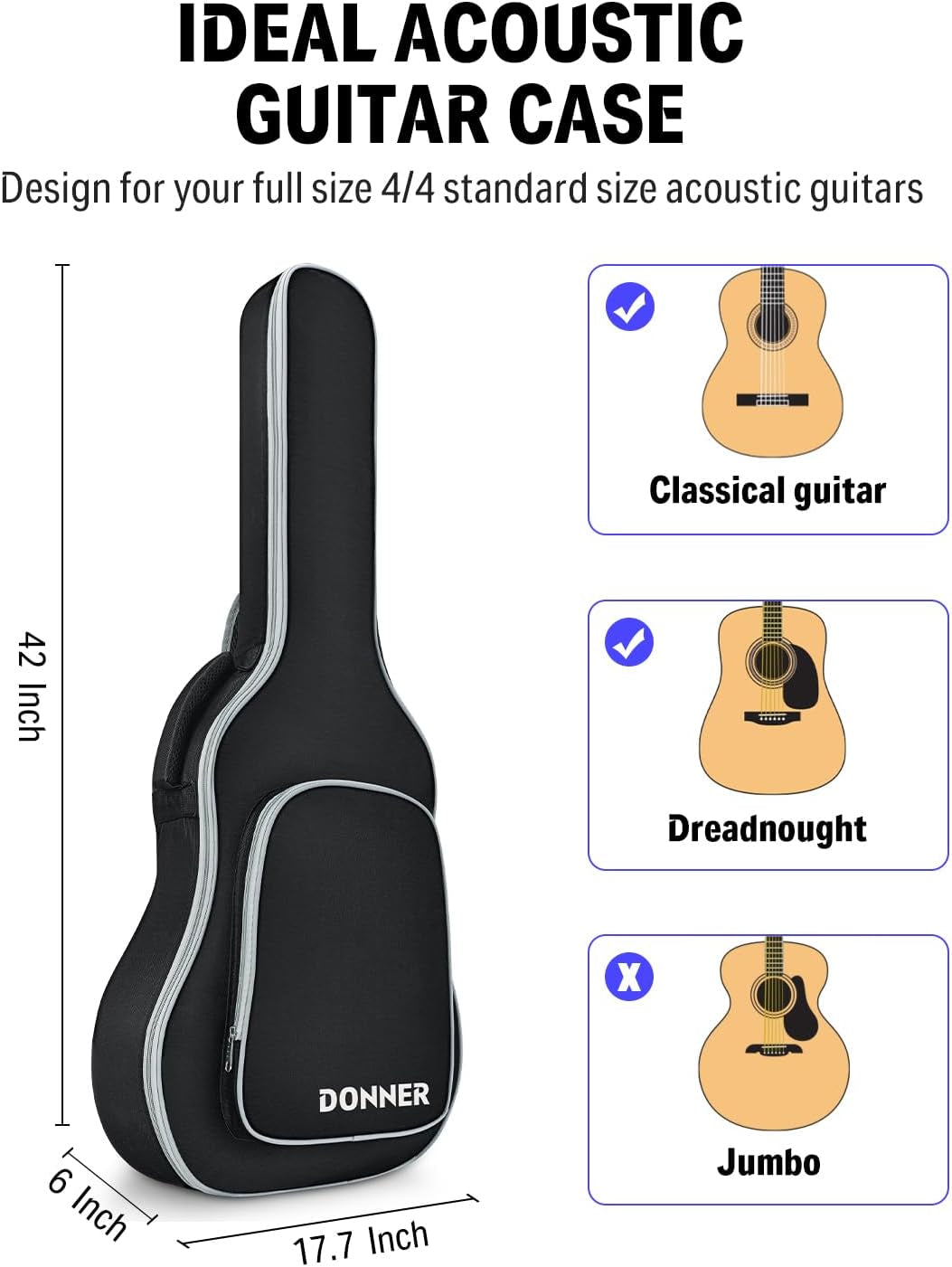 Acoustic Guitar Gig Bag 40/41 Inch, 5Mm Thickness Backpack Soft Solid Guitar Case with Adjustable Straps, Water-Resistant Nonwovens Interior Thicken Sponge Pad with Pocket, Black