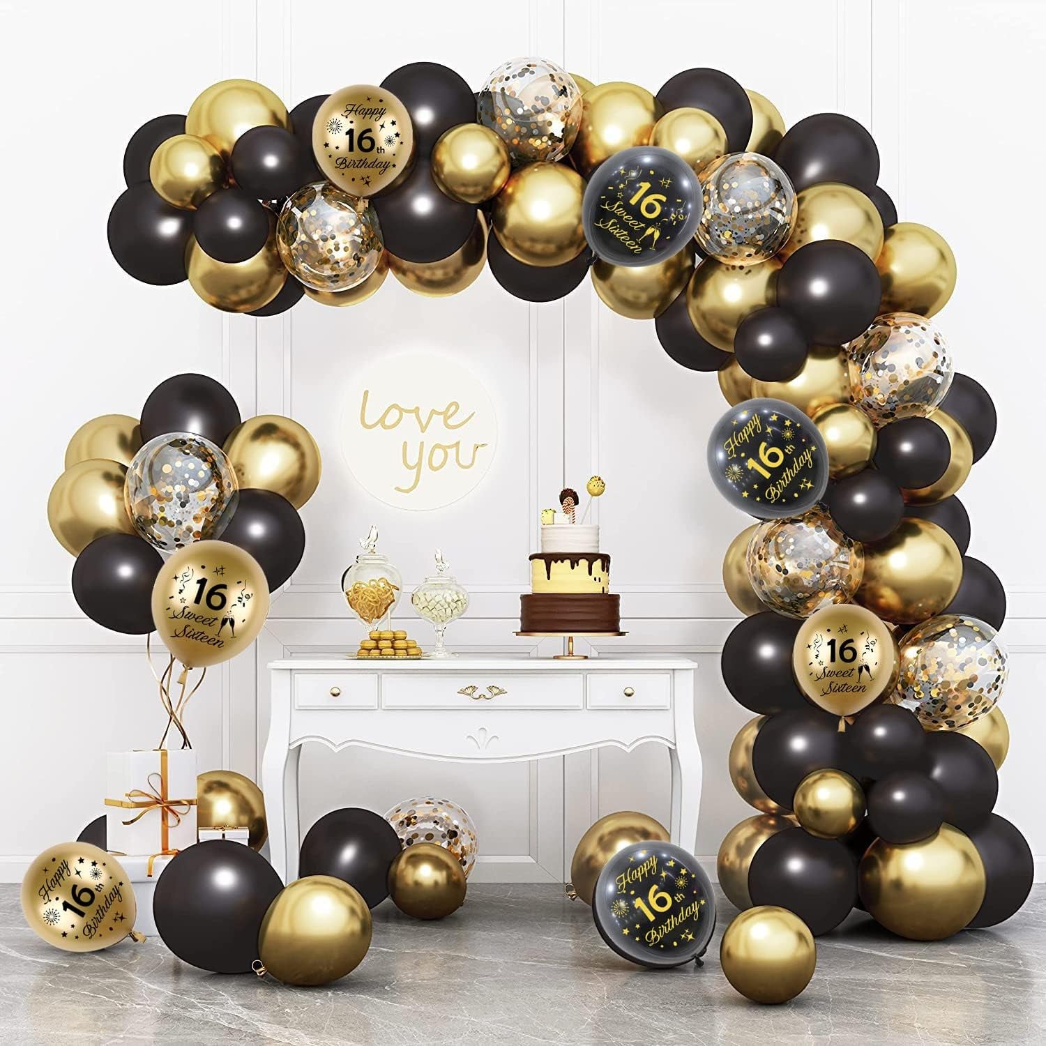 16Th Birthday Balloons 15 Pcs Black Gold Happy Latex Confetti Party Decorations for Boys Girls Decor Supplies (Age 16), Medium