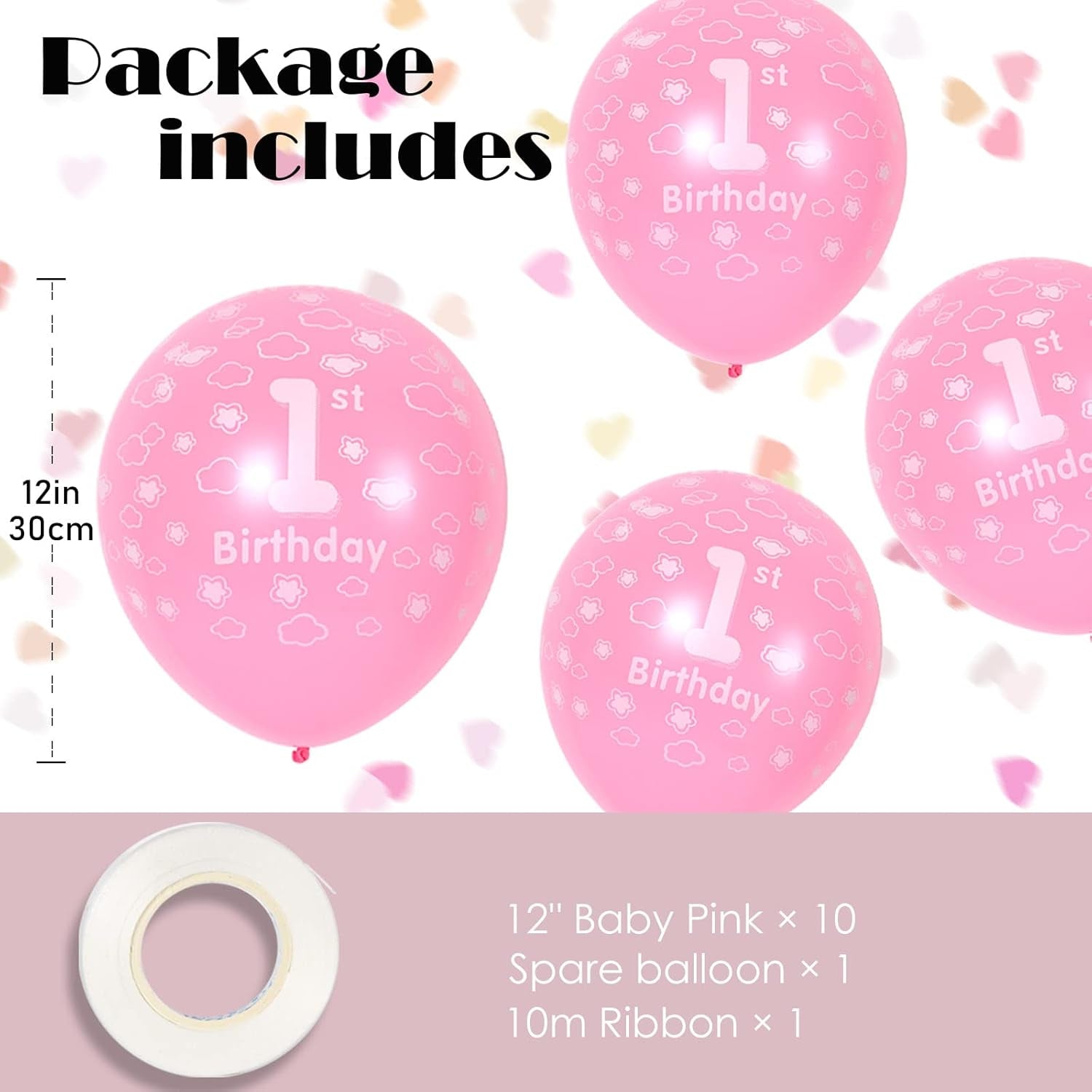 1St Birthday Pink Balloons - Happy 1St Birthday Decorations for Baby Girl'S Party, Pack of 10 with Spare & Ribbon