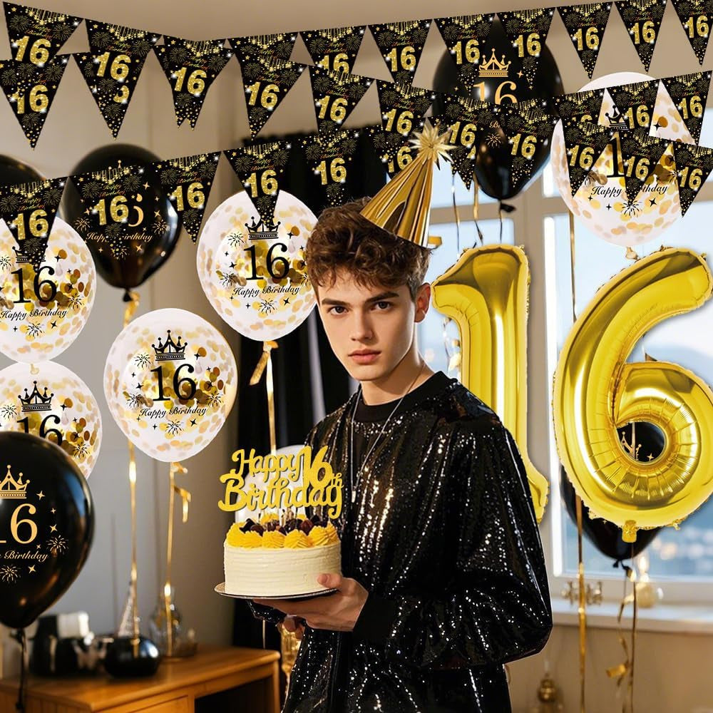 16Th Birthday Decoration, 16 Party Decoration Black Gold Balloons Birthday, 16Th Boy Girl Happy Birthday Banner Triangle 16 Balloon Decoration for Woman Birthday Party Cake Topper