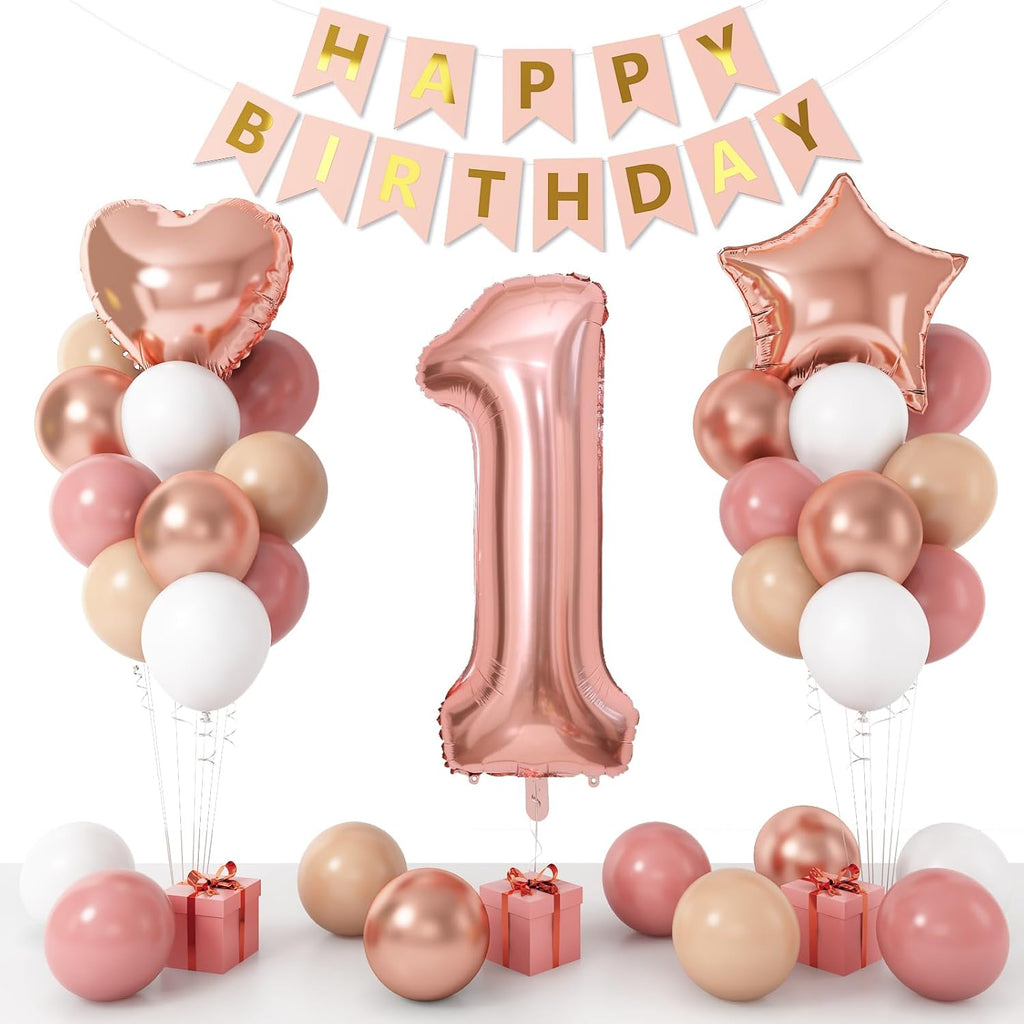 Boho St Birthday Decorations for Girls, Dusty Pink Rose Gold White Balloons with 40 Inch Number  Star Heart Foil Balloons Birthday Banner for  Year Old Groovy Anniversary Baby Shower Decor