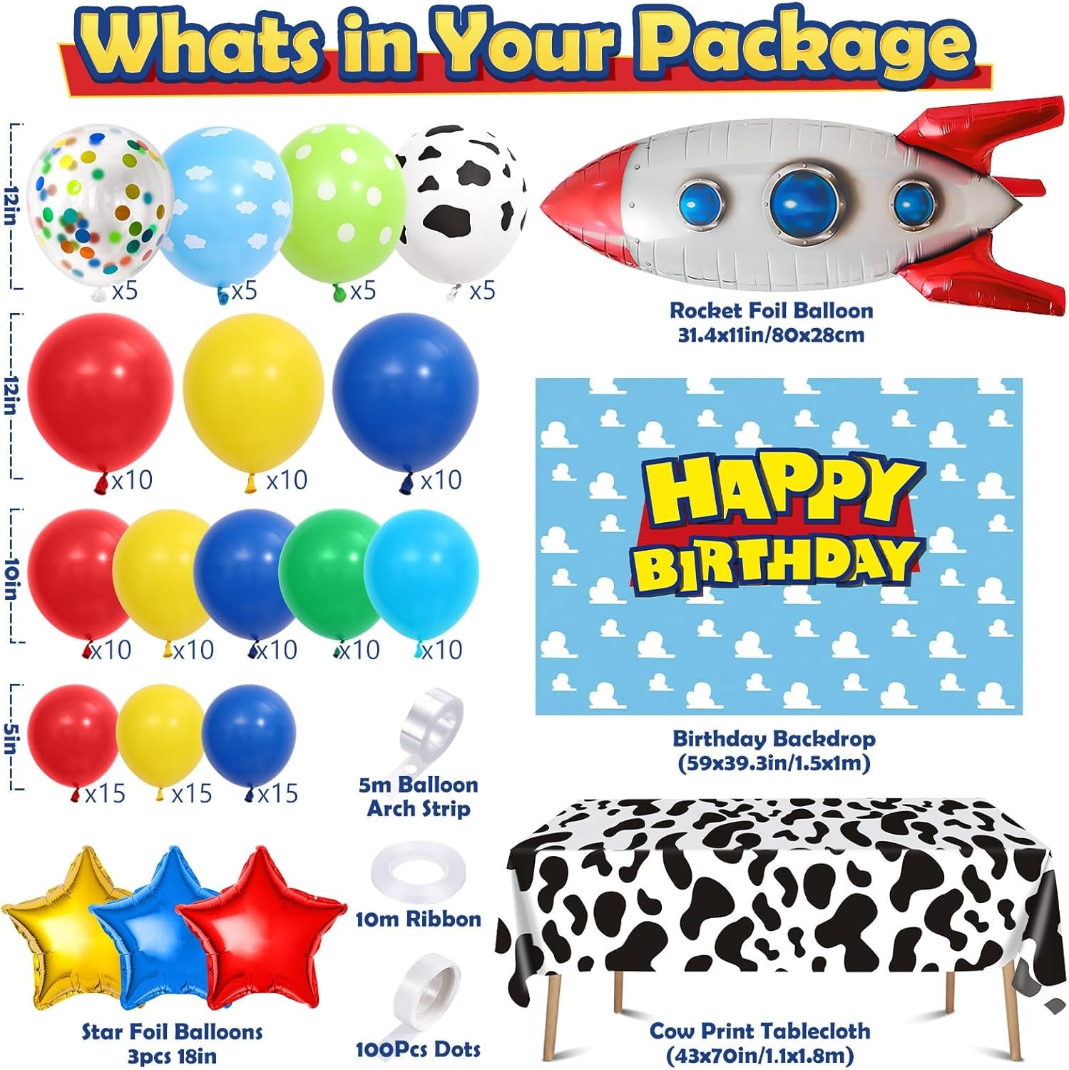 154Pcs Toy Inspired Story Birthday Party Decorations Supplies for Kids Teen, Balloon Arch with Backdrop Tablecloth Cow Print Balloons Star Rocket, Cartoon Game Girls Boys Birthday Party Decor