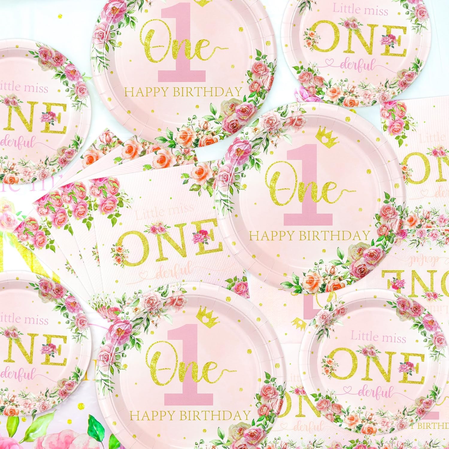 Floral 1St Birthday Party Decorations for 20 Guests, Include Little Miss Onederful Paper Plates, Happy 1St Birthday Tablecloth, Napkins, 1St Birthday Supplies for Girls First Birthday Party Decor