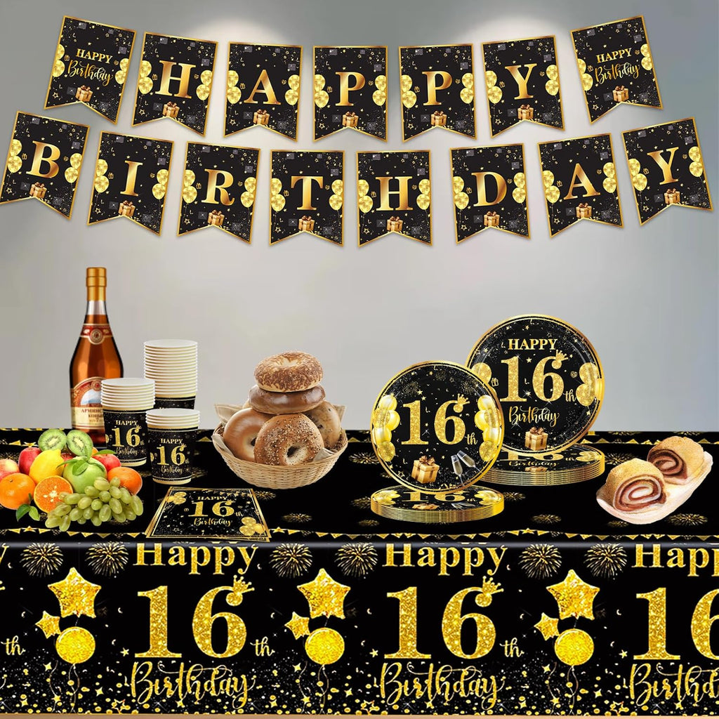 70 Pcs 16Th Birthday Tableware Black Gold, 16Th Birthday Table Decoration Set for Teen Party Supplies (16 Guests)