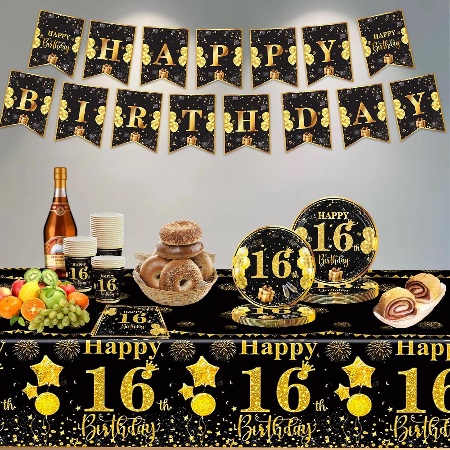 70 Pcs 16Th Birthday Tableware Black Gold, 16Th Birthday Table Decoration Set for Teen Party Supplies (16 Guests)