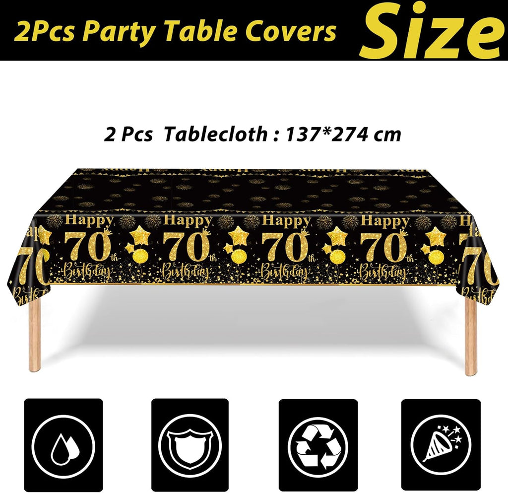 2Pcs Black Gold Navy Blue Silver Rose Gold Happy Birthday Party Tablecloth,137 * 274Cm Plastic Rosegold Table Cloth for Her Him Birthday Table Decorations Tablecovers (Black Gold-70Th)