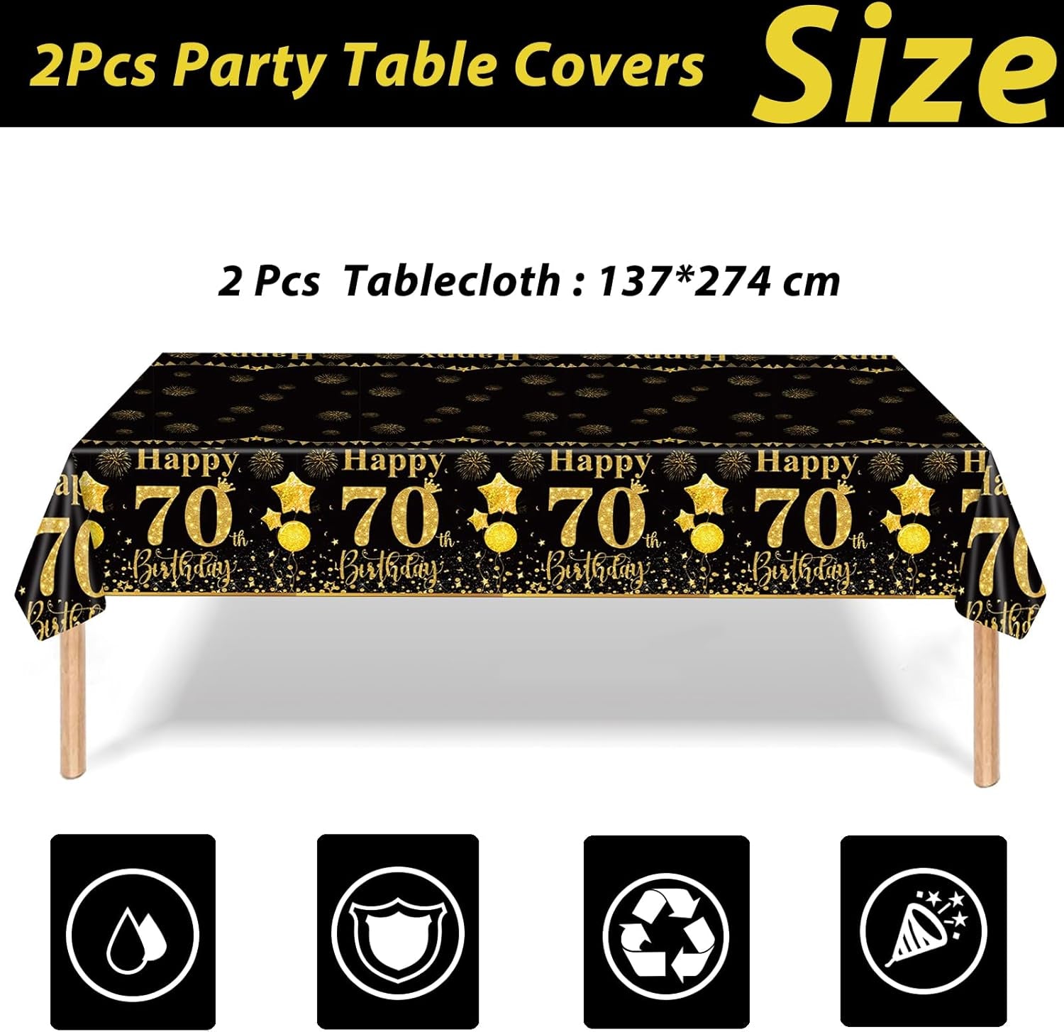 2Pcs Black Gold Navy Blue Silver Rose Gold Happy Birthday Party Tablecloth,137 * 274Cm Plastic Rosegold Table Cloth for Her Him Birthday Table Decorations Tablecovers (Black Gold-70Th)