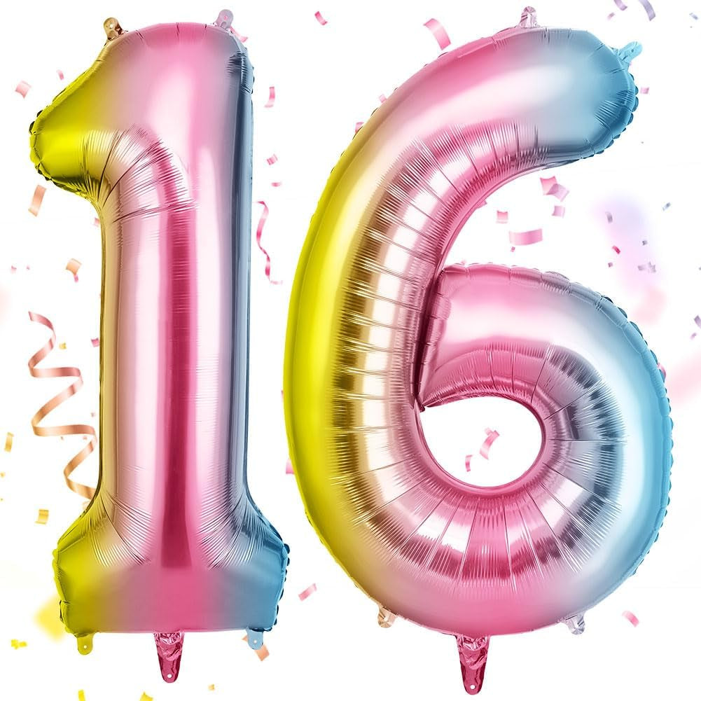 Helium Balloons, 40 Inches Number Balloons 16, Foil Balloons Birthday Balloon Large Numbers Balloons for Birthday Wedding Party Decorations Celebration Supplies (Gradient)