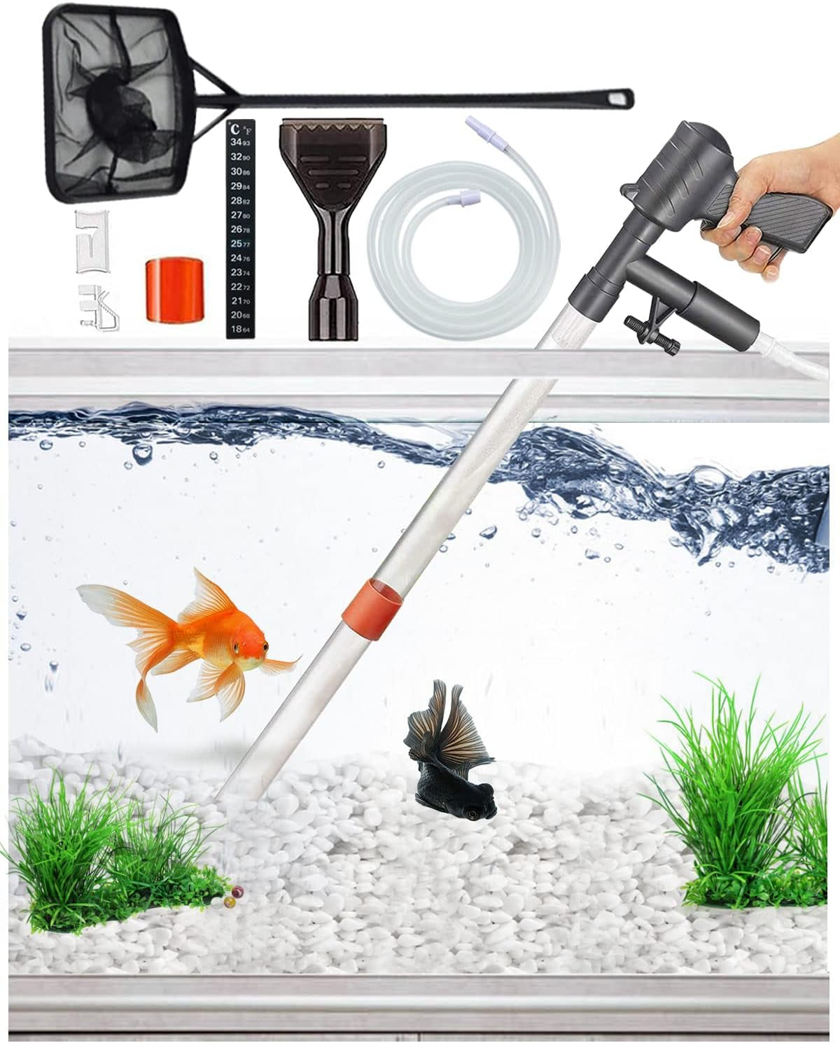 Aquarium Gravel Cleaner [2024 Edition] Vacuum Fish Tank Vacuum Cleaner Tools for Aquarium Water Changer with Aquarium Thermometers Fish Net Kit Use for Fish Tank Cleaning Gravel and Sand