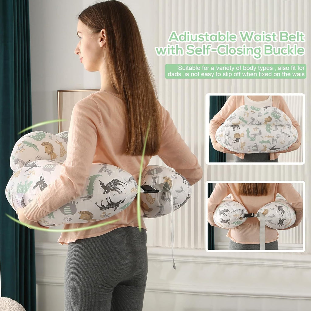 Nursing Pillow for Breastfeeding Baby, Multifunctional Breast Feeding Pillow with Adjustable Waist Strap and Safety Fence, 100% Cotton Removable Pillowcase, Animal Pattern