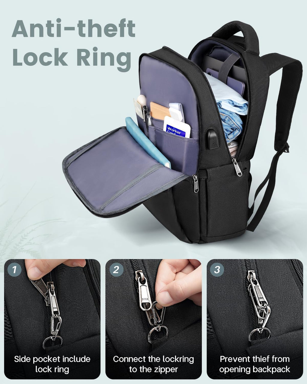 Laptop Backpack, Business Travel Backpack with Charging Port, Water Resistant Laptop Rucksack, Anti-Theft Backpack for Men Women, Fits 15.6-Inch Laptop School Bag