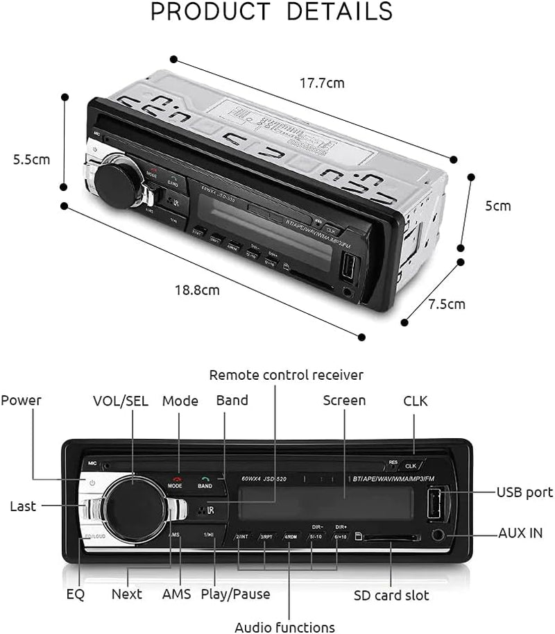 Car Radio Bluetooth Hands Free, 1DIN 12V Car Stereo Car MP3 Player Support FM/USB/SD/AUX-IN with Remote Control
