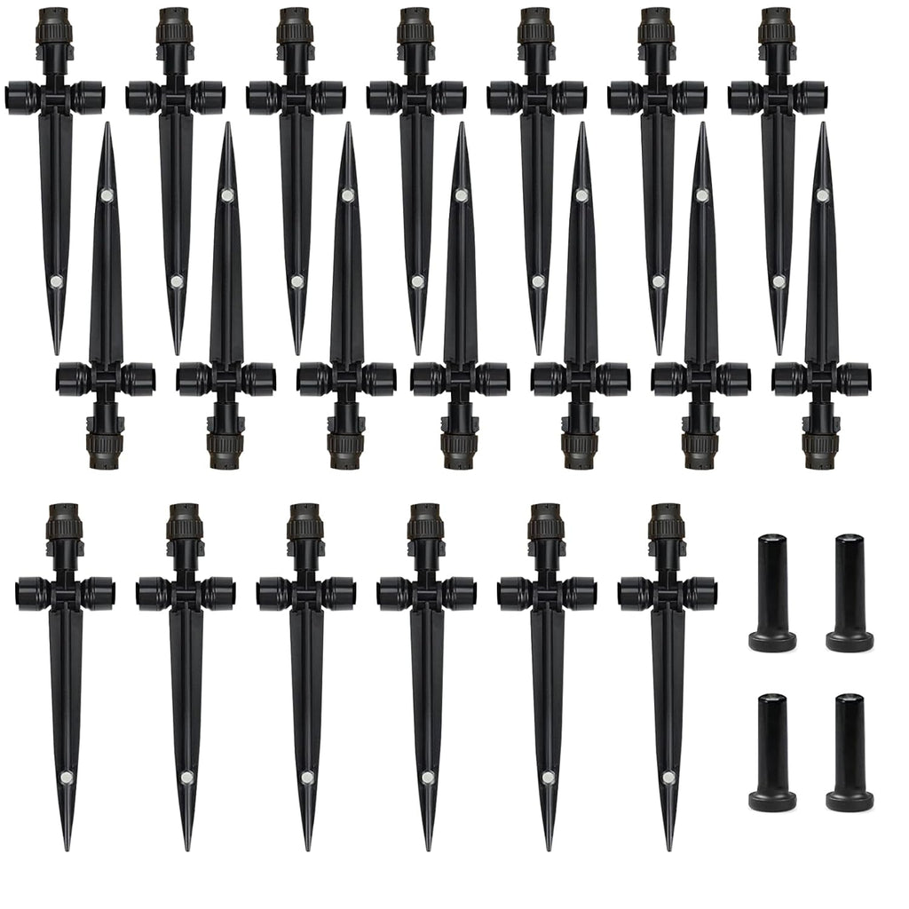 Drip Irrigation Emitters, 360 Degree Adjustable Water Flow, Black Plastic Rotary Sprinklers, 20PCS with 4 Plugs for 1/4 Inch Tubing, Gardens, Potted Plants, Farmland