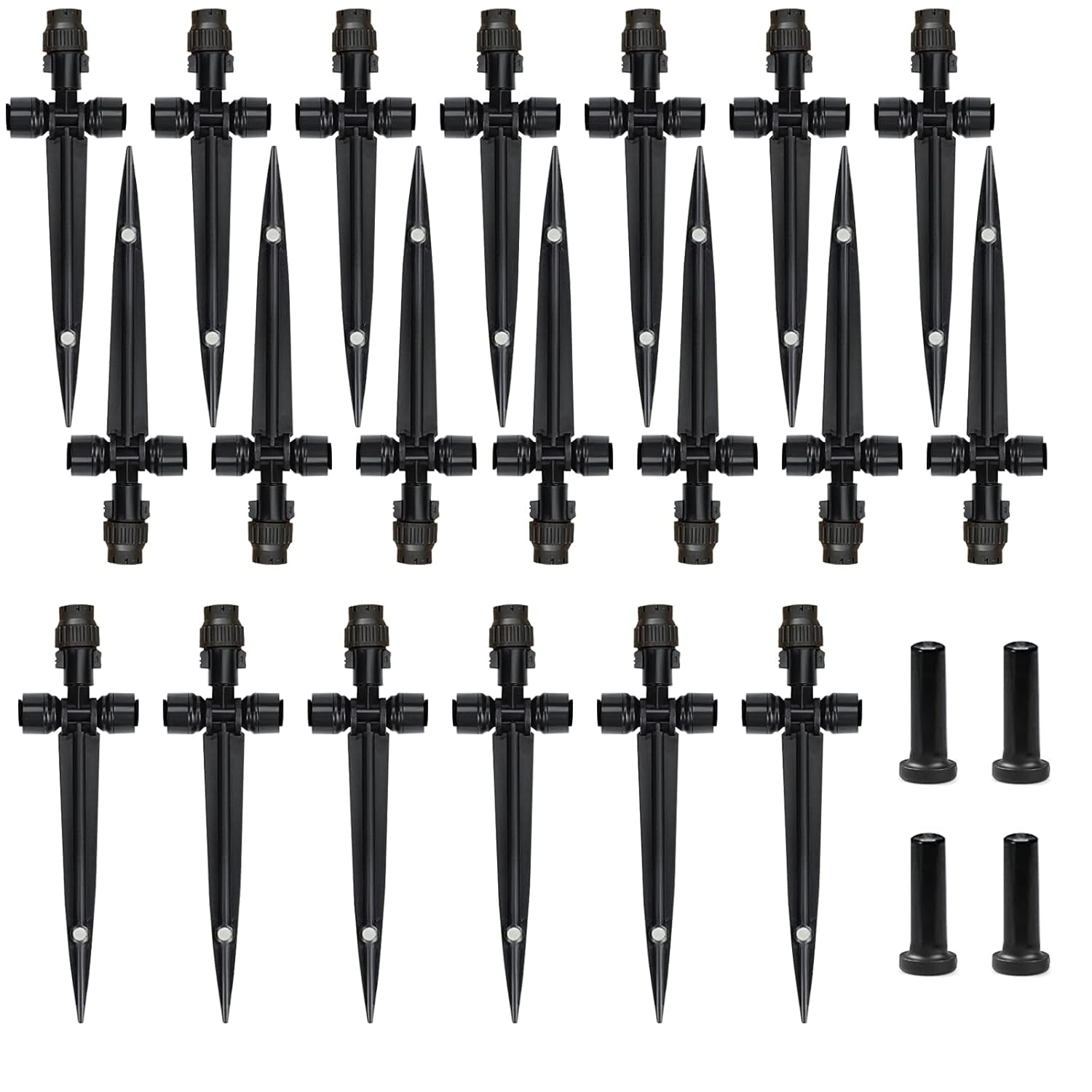 Drip Irrigation Emitters, 360 Degree Adjustable Water Flow, Black Plastic Rotary Sprinklers, 20PCS with 4 Plugs for 1/4 Inch Tubing, Gardens, Potted Plants, Farmland