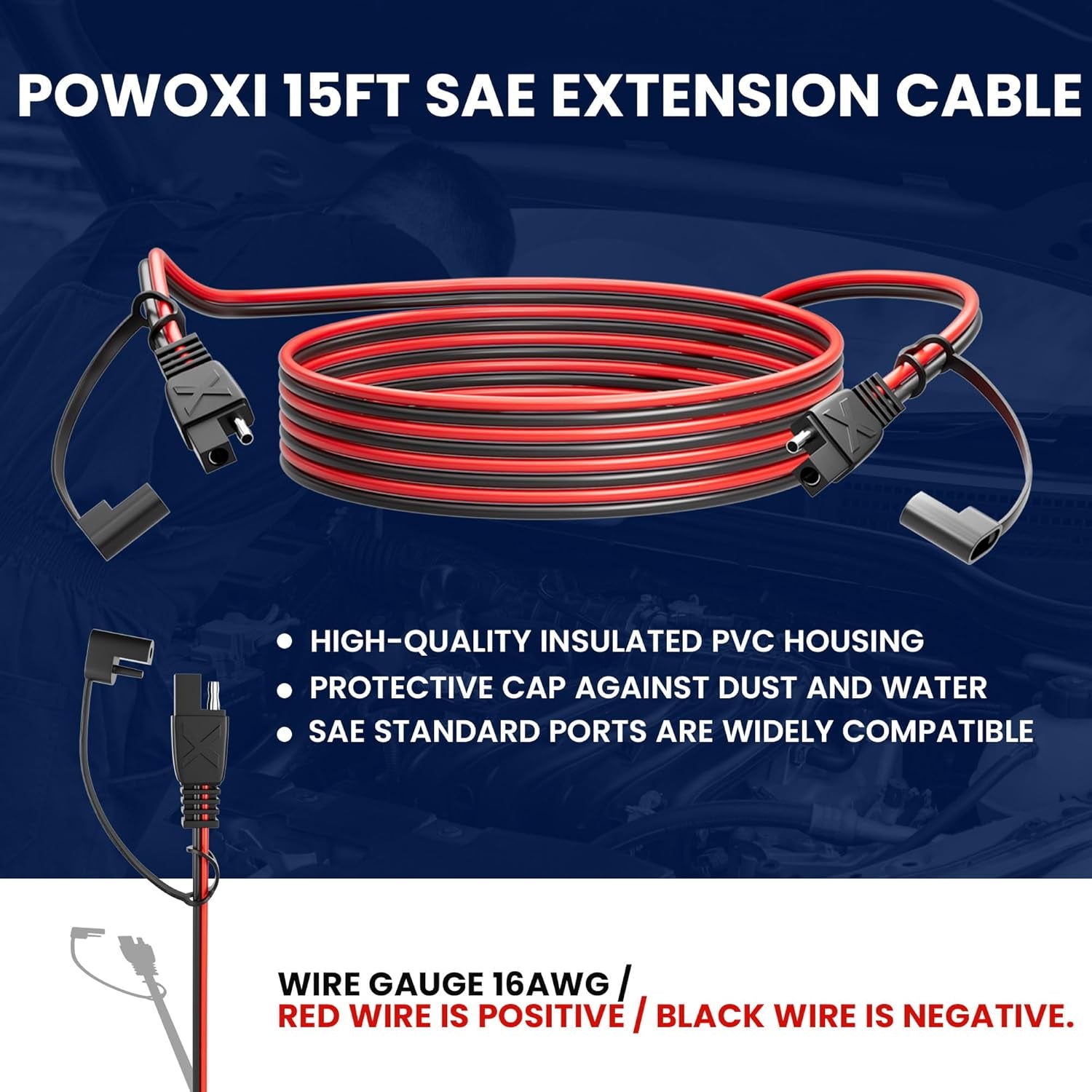15Feet SAE Extension Cable Quick Disconnect Wire Harness Solar Cables SAE to SAE Connector for Solar Panel Automotive RV Motorcycle Tractor SAE Plug 16AWG