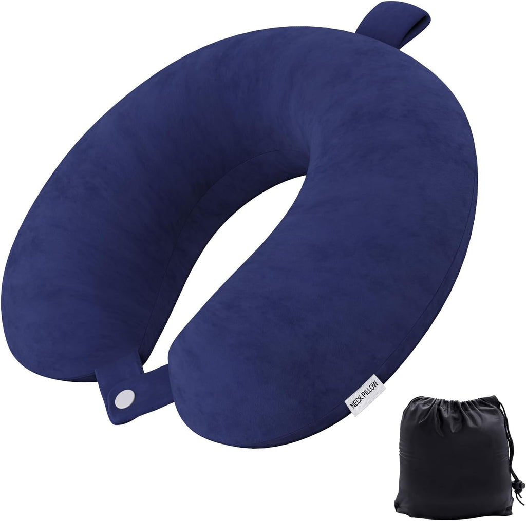 Travel Pillow Memory Foam Neck Pillow Lightweight Quick Pack for Airplane Train Car Travel Camping Neck Support Pillow (Navy Blue)